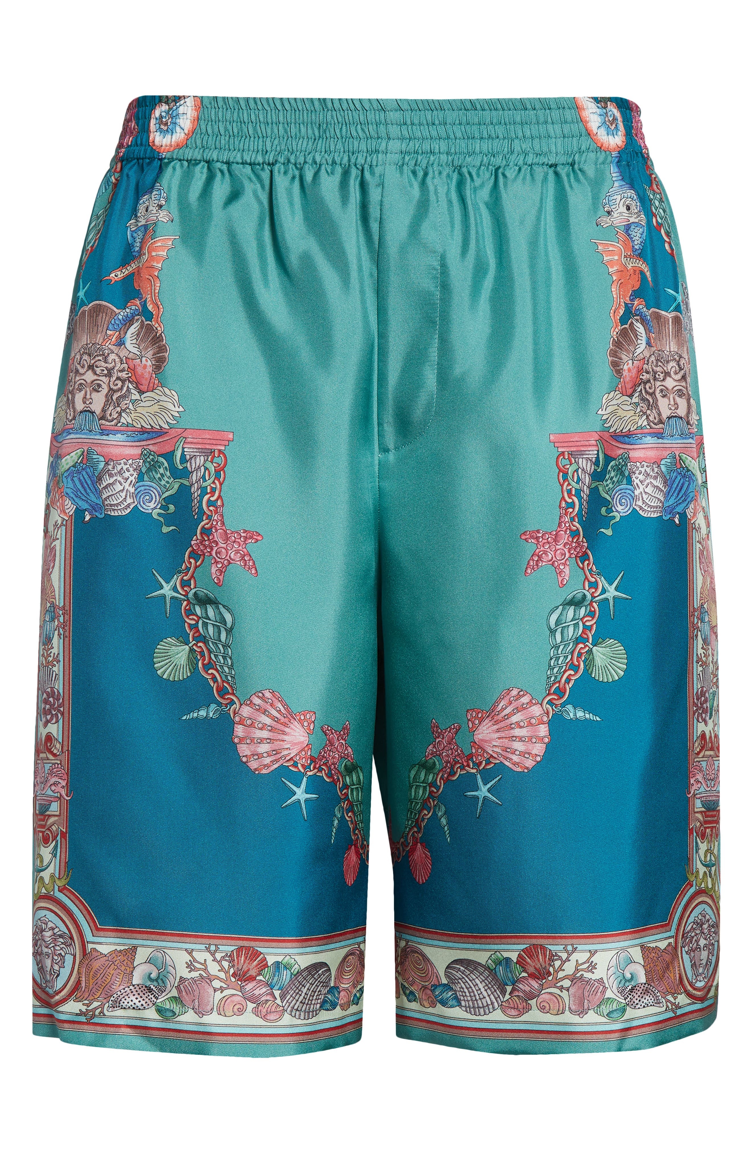 Versace Coral Theatre Silk Shorts in Sea Green Dark Sea Green at Nordstrom - 6