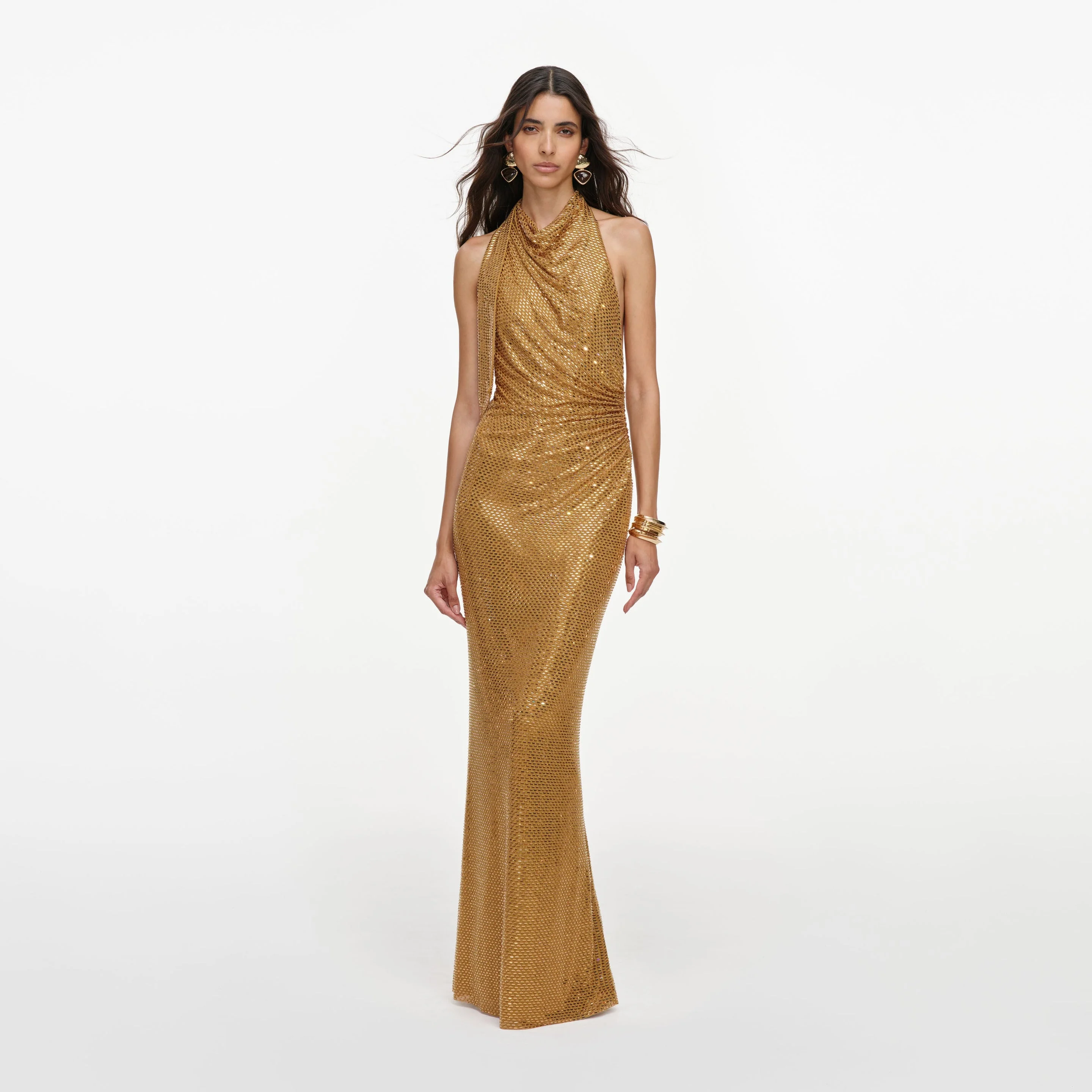 Gold Rhinestone Halter Maxi Dress - 1