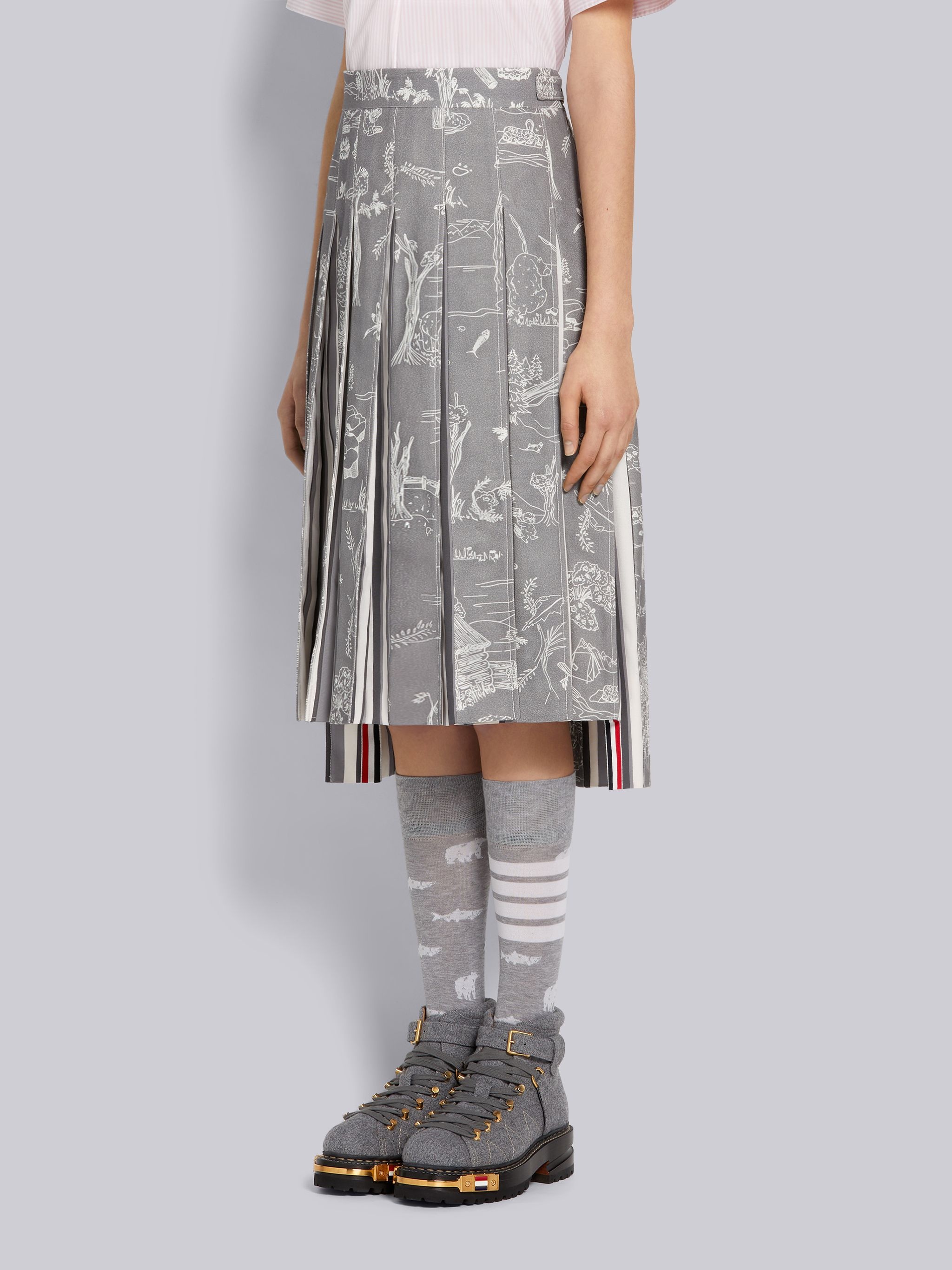 Medium Grey Animal Camp Toile Cotton Canvas Dropped Back Pleated Below-the-Knee Skirt - 2