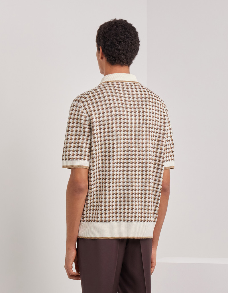 BEIGE SHORT-SLEEVED LINEN AND SILK JACQUARD POLO SHIRT WITH HOUNDSTOOTH PATTERN 4