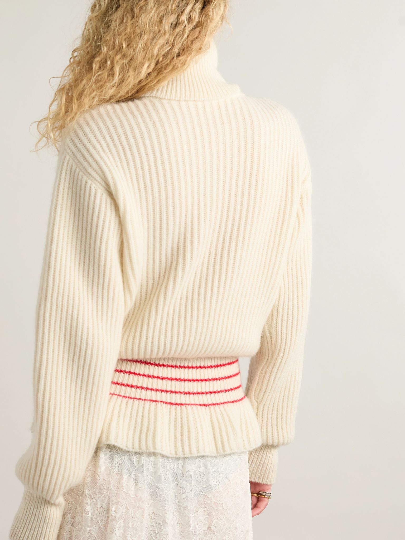 Turtleneck striped ribbed wool and mohair-blend peplum sweater Cream - 4