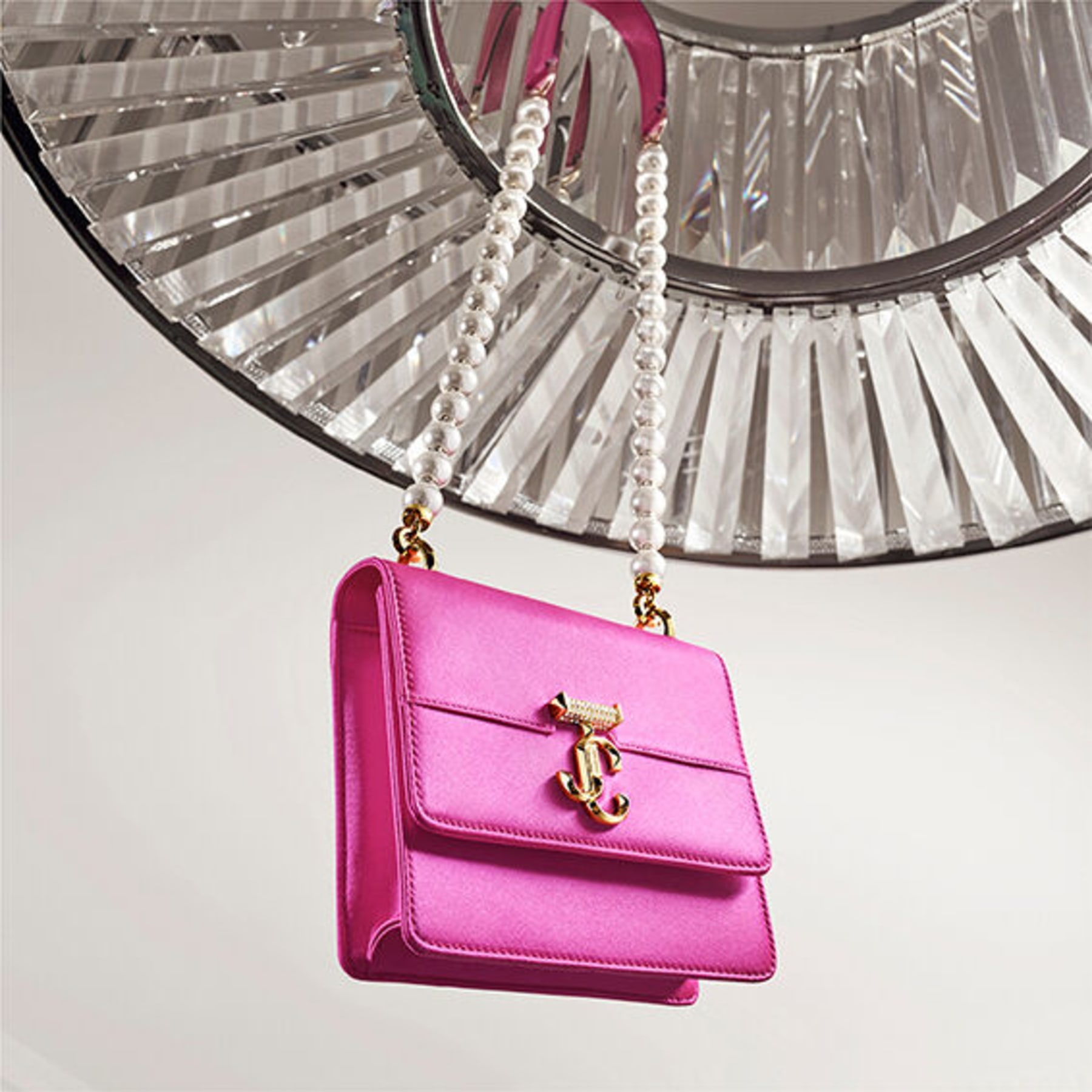 JIMMY CHOO Varenne Quad XS Fuchsia Satin Shoulder Bag with Pearl