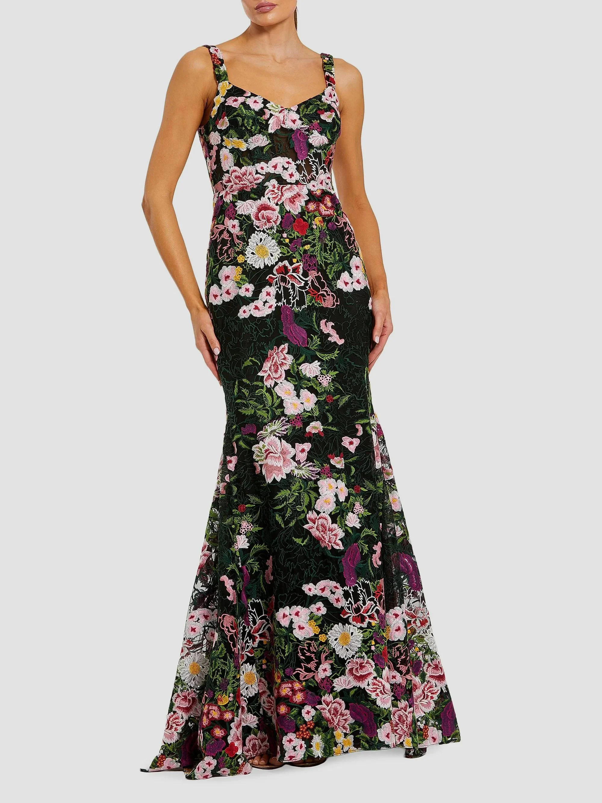 Women's Floral Embroidered Mermaid Gown - Black Multi - 1