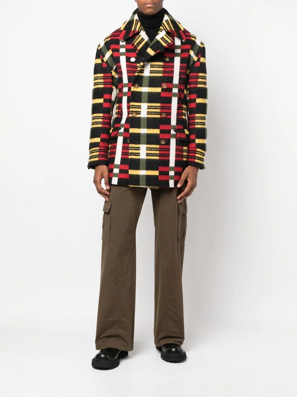 check-print double-breasted coat - 3