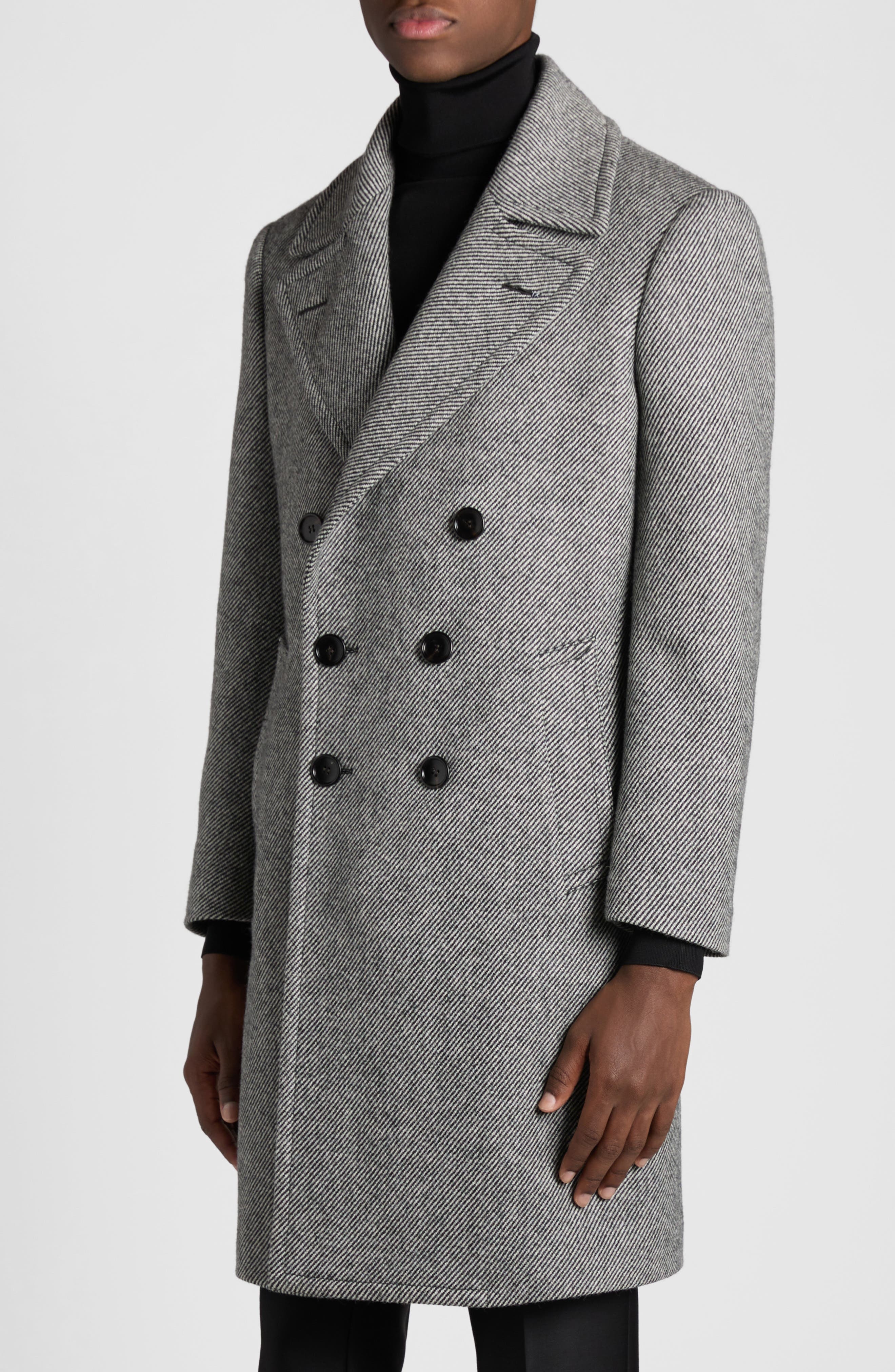 TOM FORD Double Breasted Wool Mouliné Twill Coat in Black/White at Nordstrom - 4