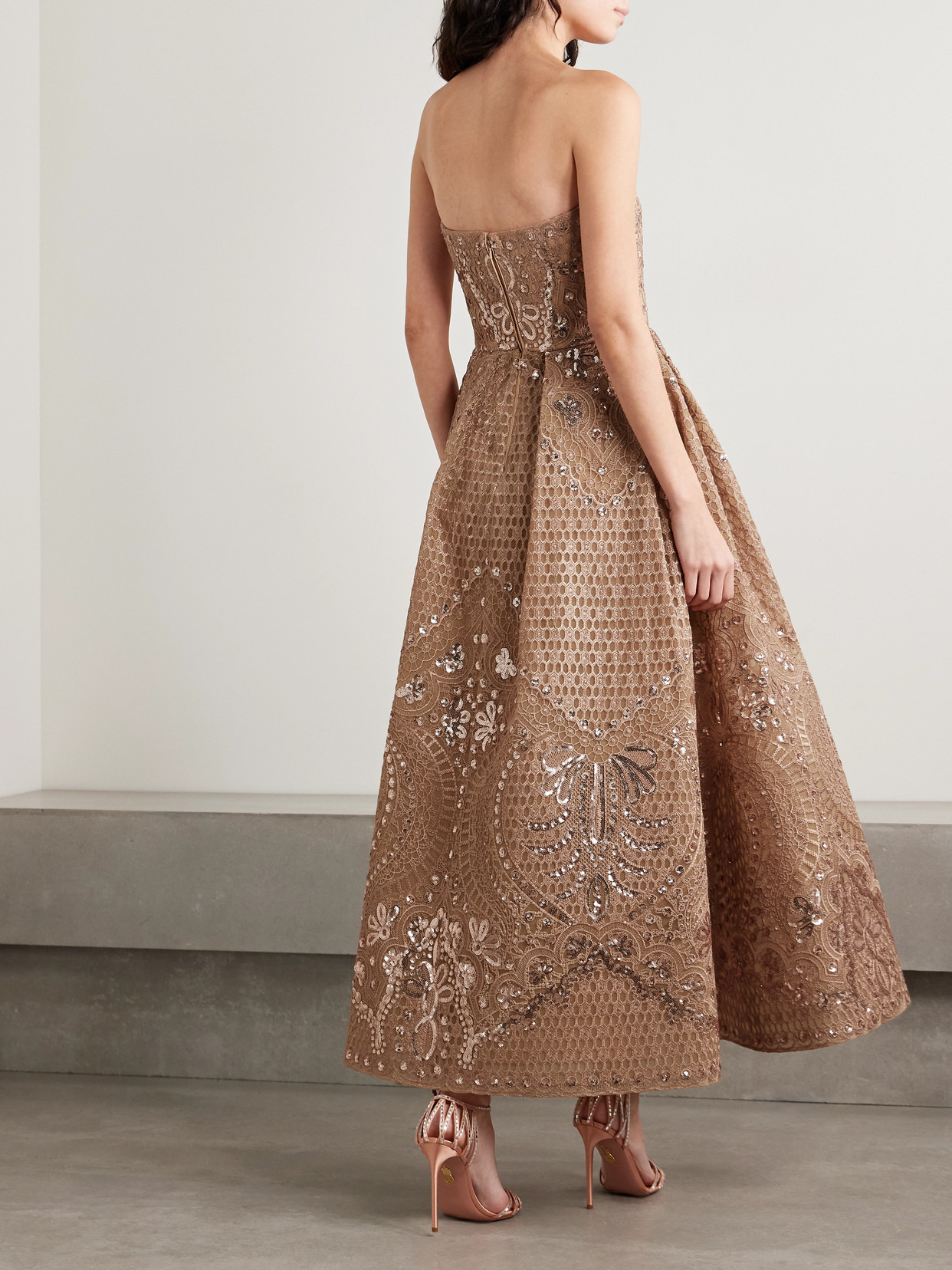 Strapless Sequined Embroidered Tulle Midi Dress - 3
