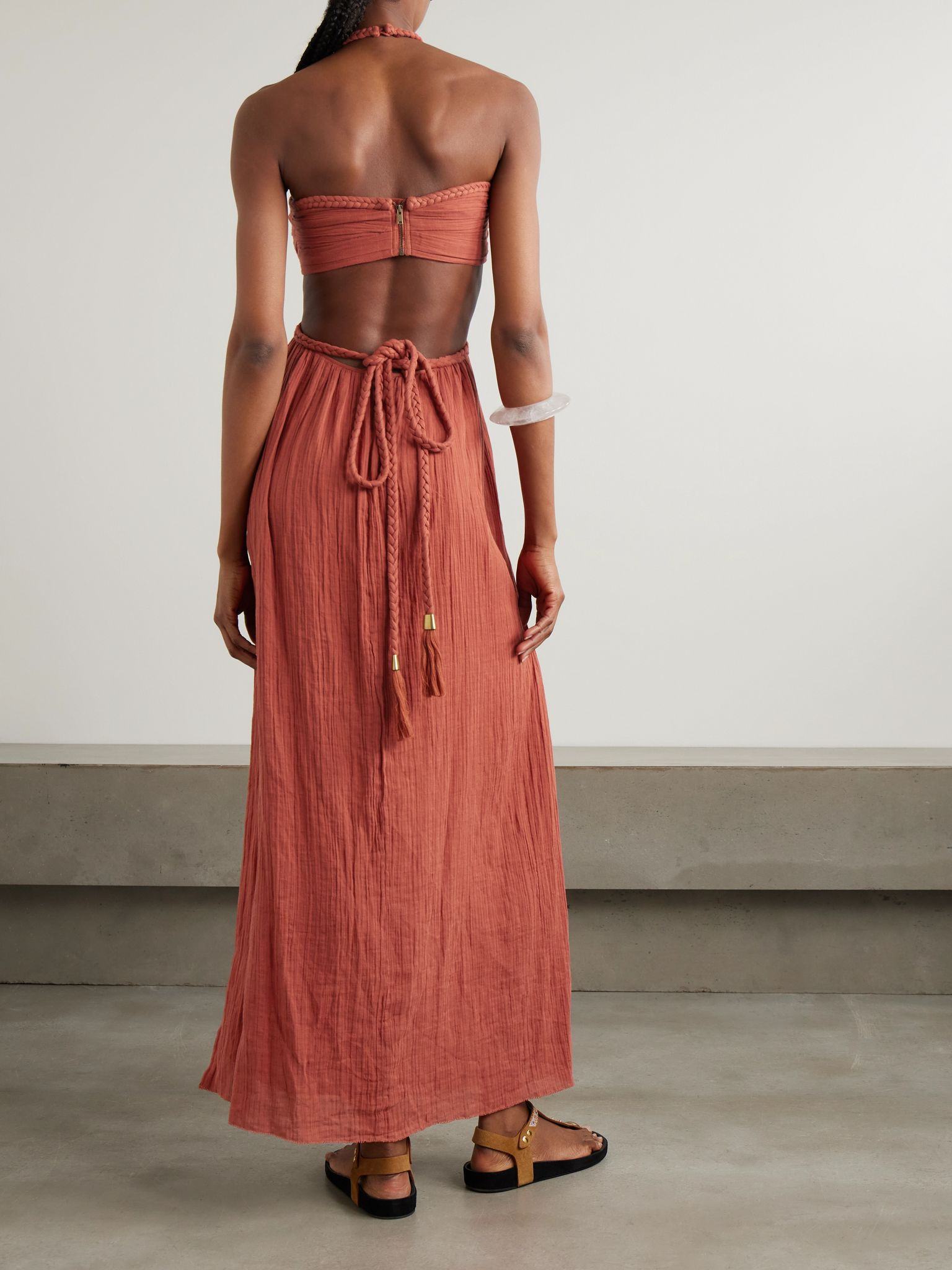 Justine embellished cutout cotton-gauze halterneck maxi dress Orange - 3