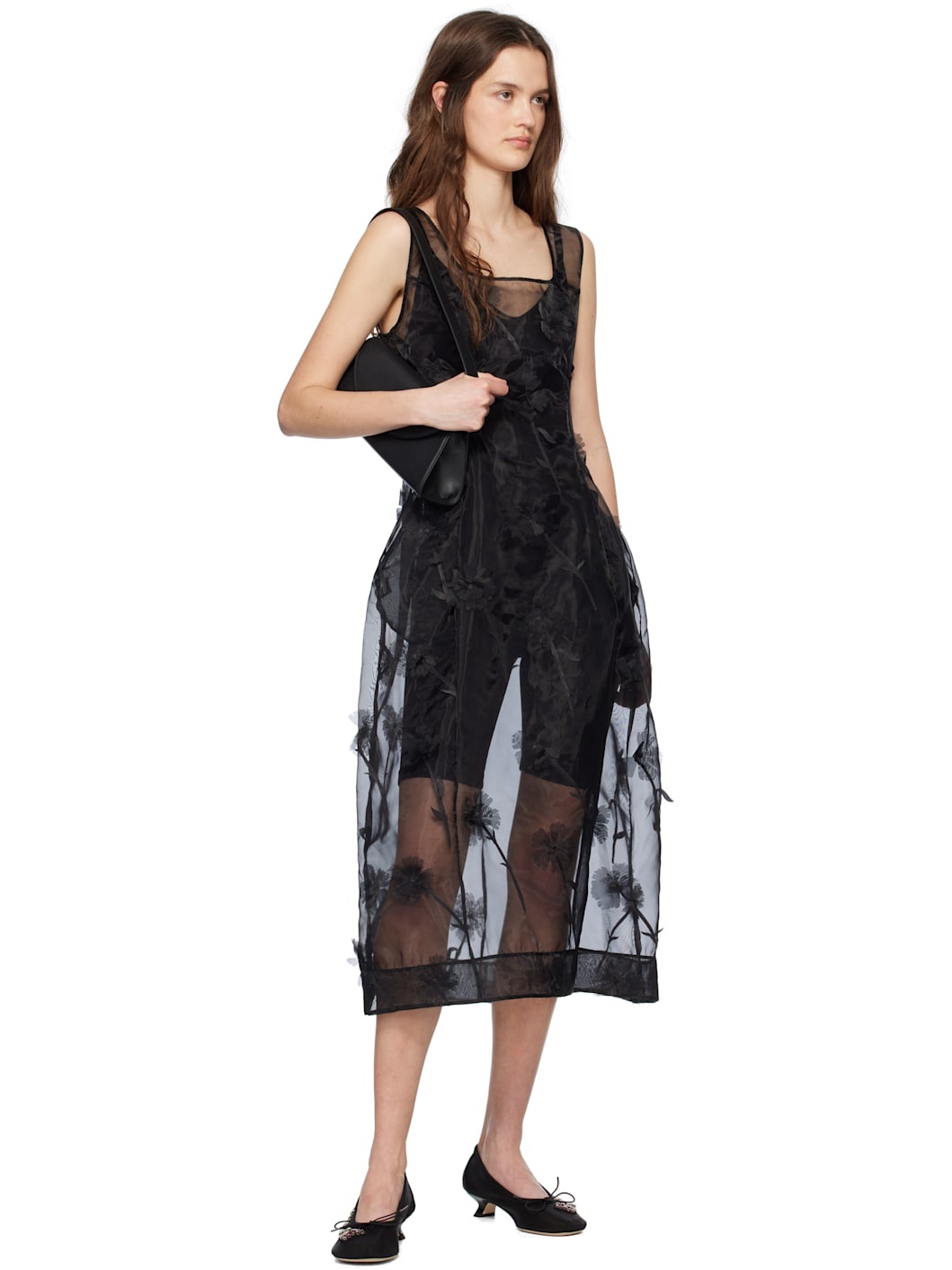 Black Sculpted Carnation Organza Midi Dress - 4