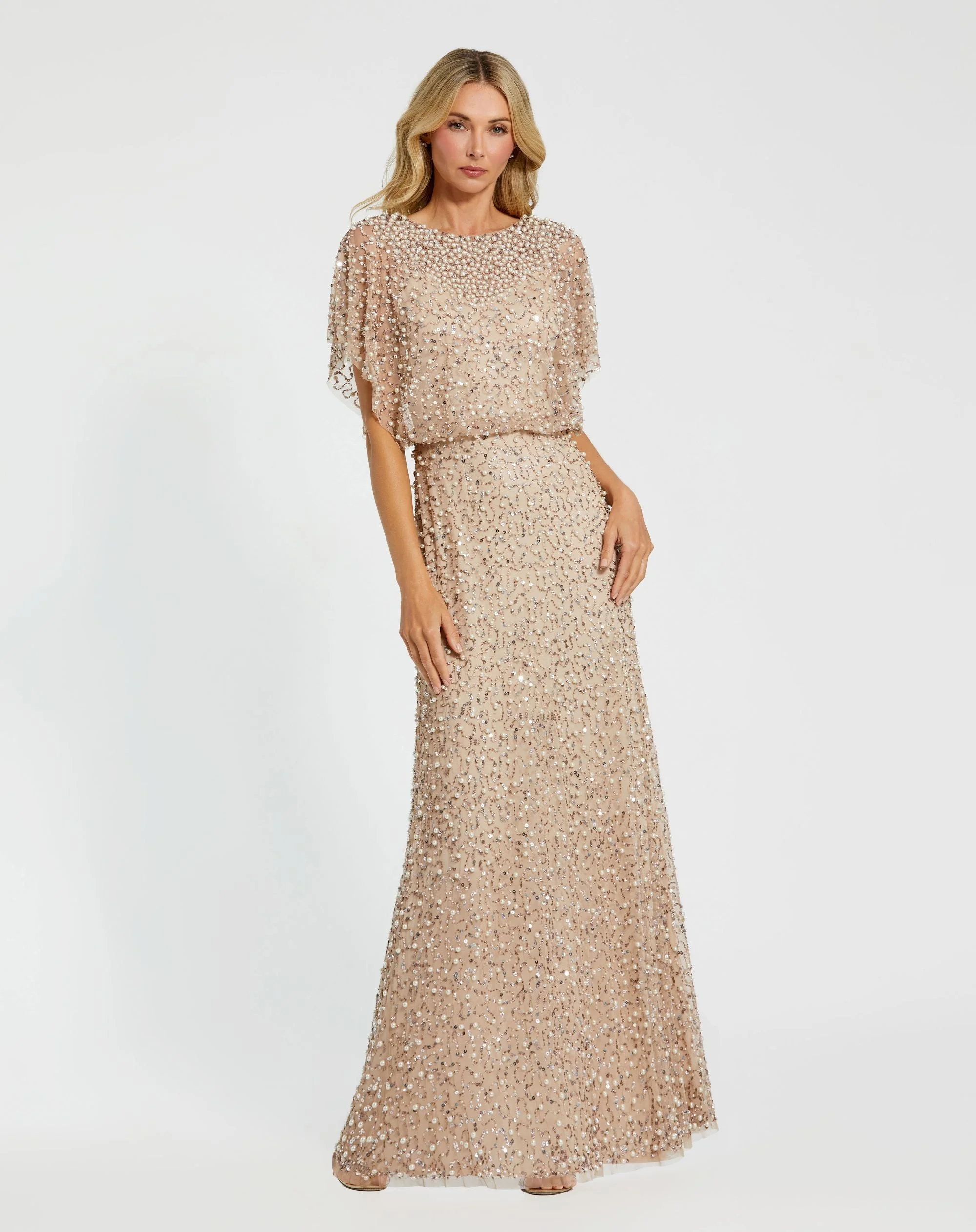 Beige High Neck Short Sleeve Embellished Gown - 1