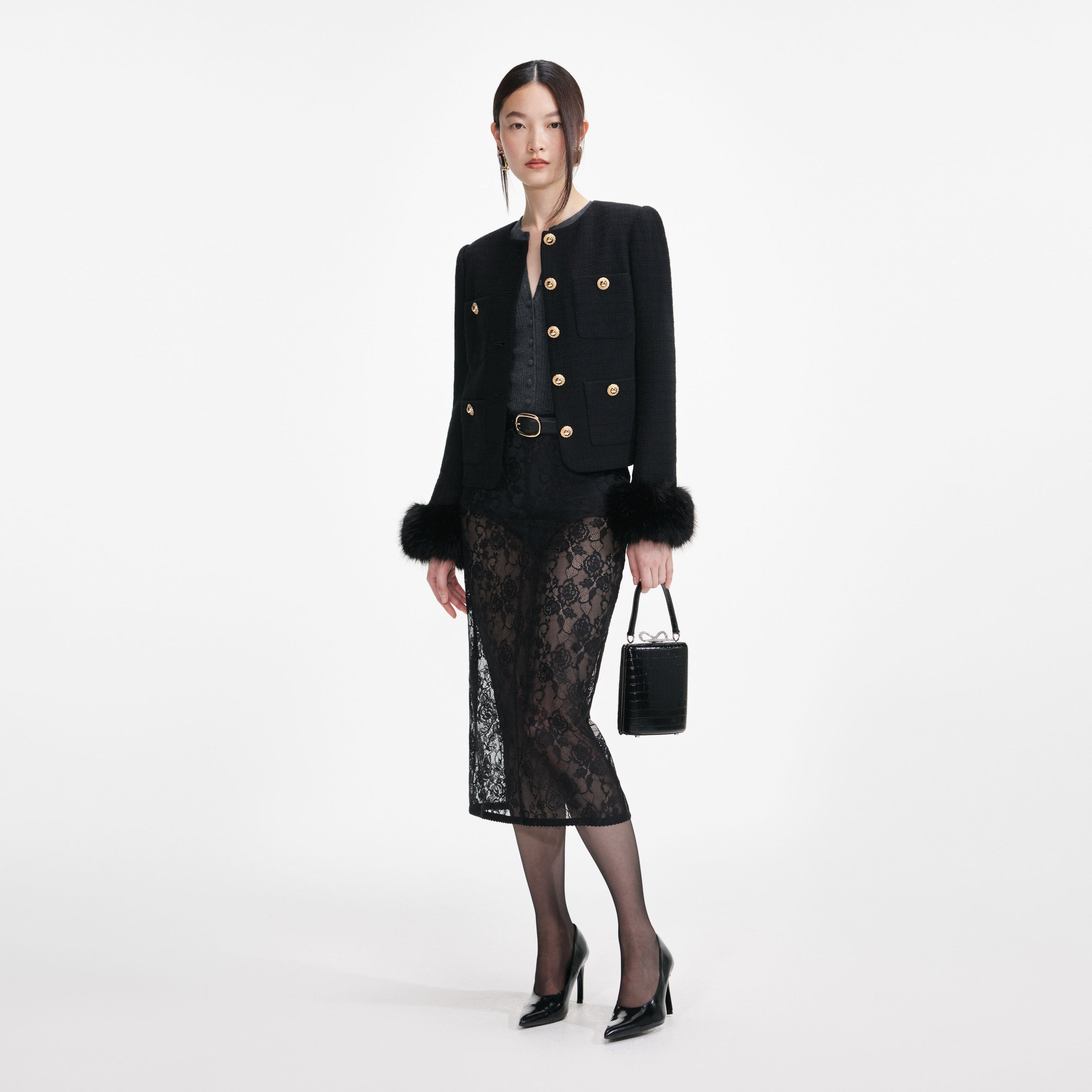 Black Boucle Fur Cuff Jacket - 2