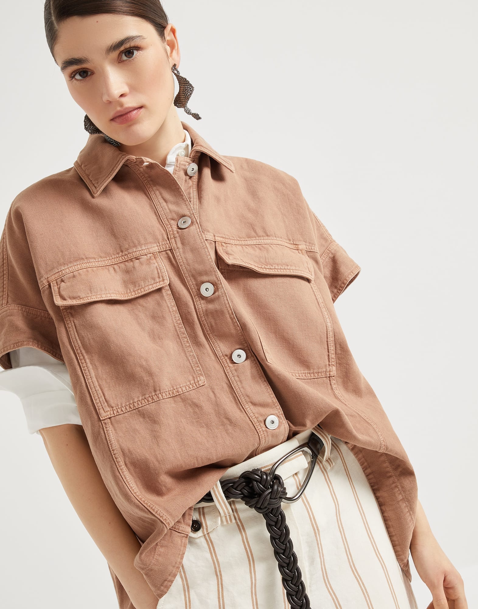Garment-dyed cotton and linen cover overshirt with monili - 4