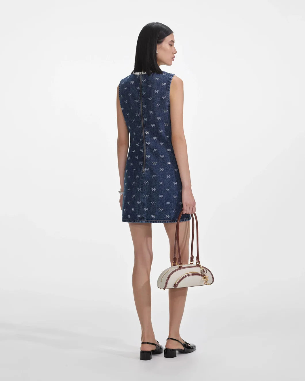 DENIM DIAMANTE BOW MINI DRESS - 4