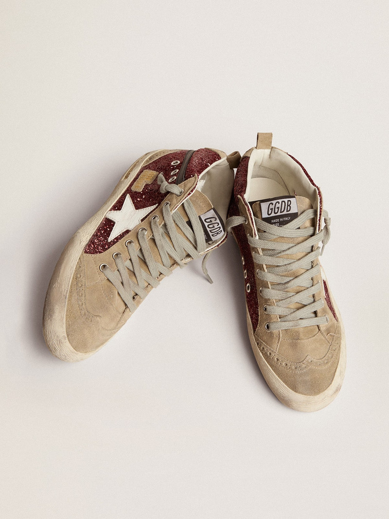Golden Goose Mid Star sneakers in burgundy glitter with dove-gray inserts and white star outlook