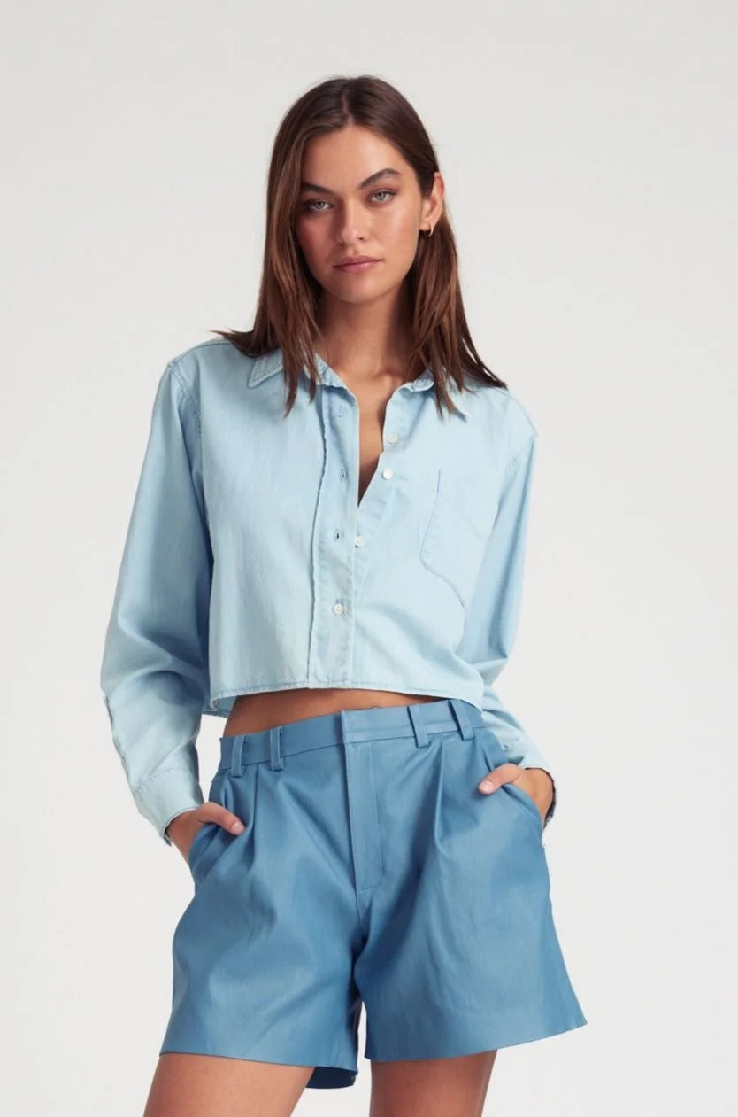 LIGHT BLUE CHAMBRAY CROPPED BUTTON DOWN - 1