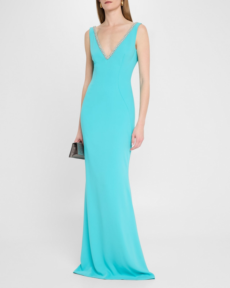 REEM ACRA Sleeveless V-Neck Backless Crepe Gown with Beaded Trim outlook