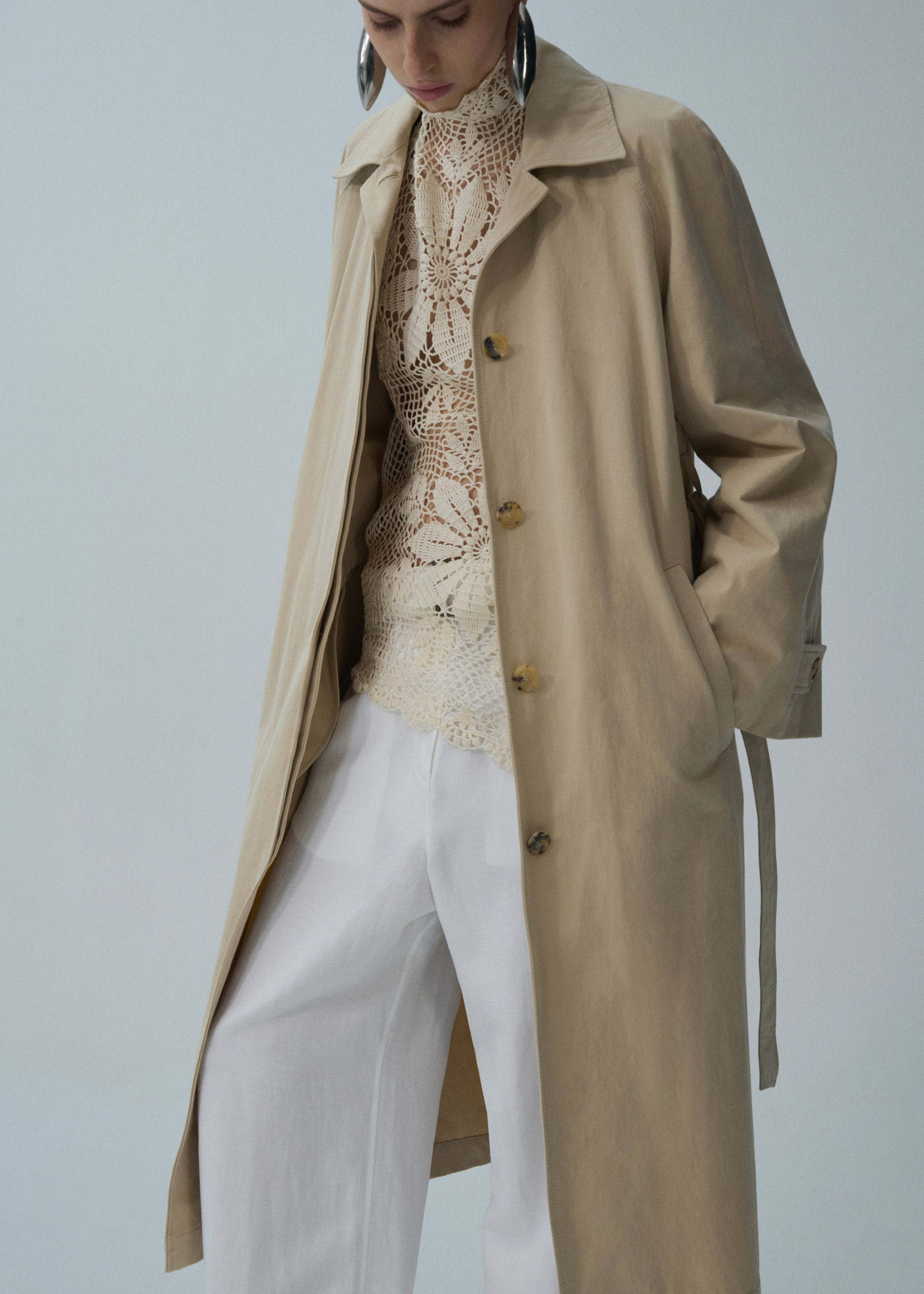 Wrap cotton trench coat in beige - 5