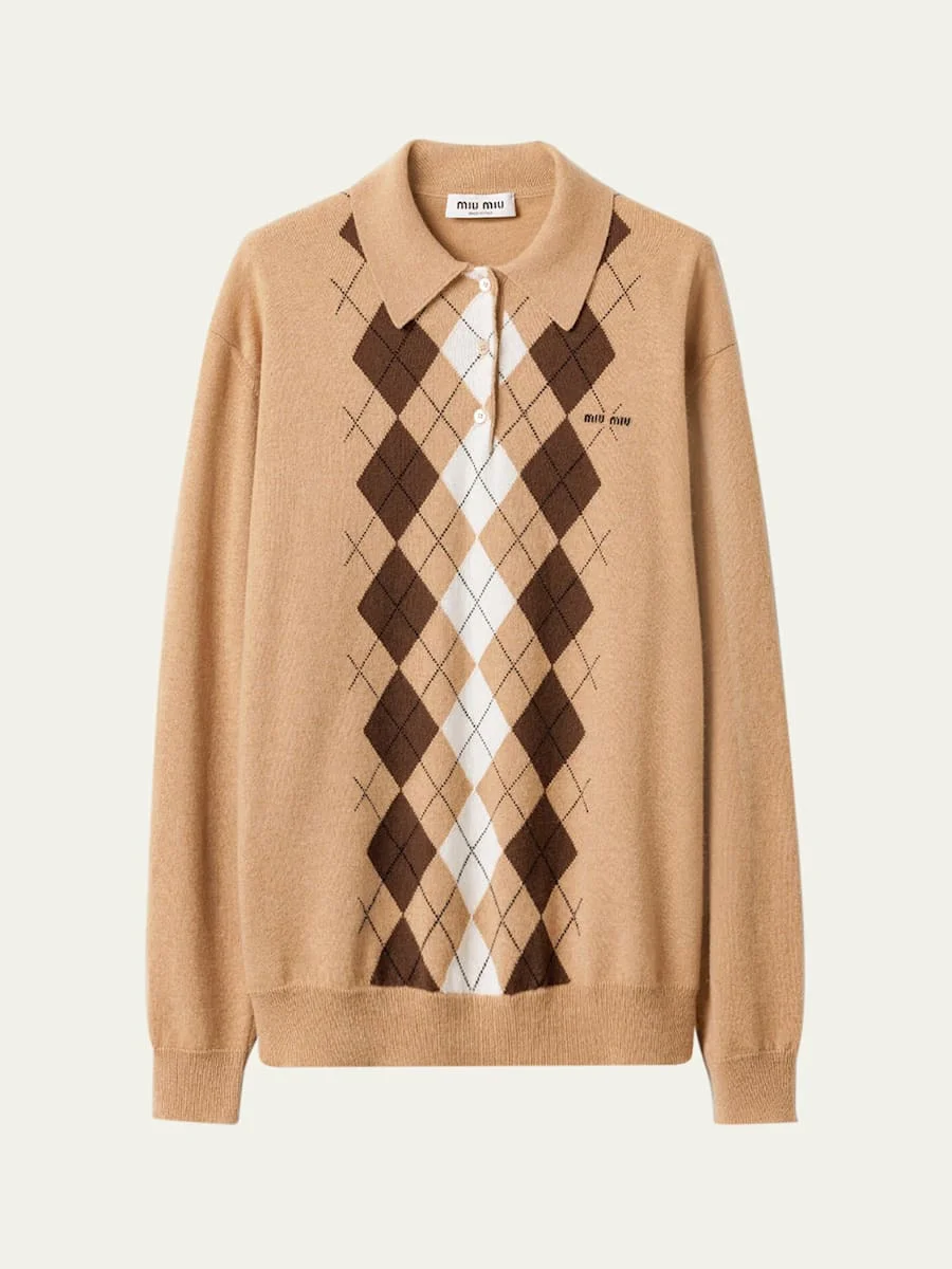 Argyle Cashmere Polo Sweater - 1