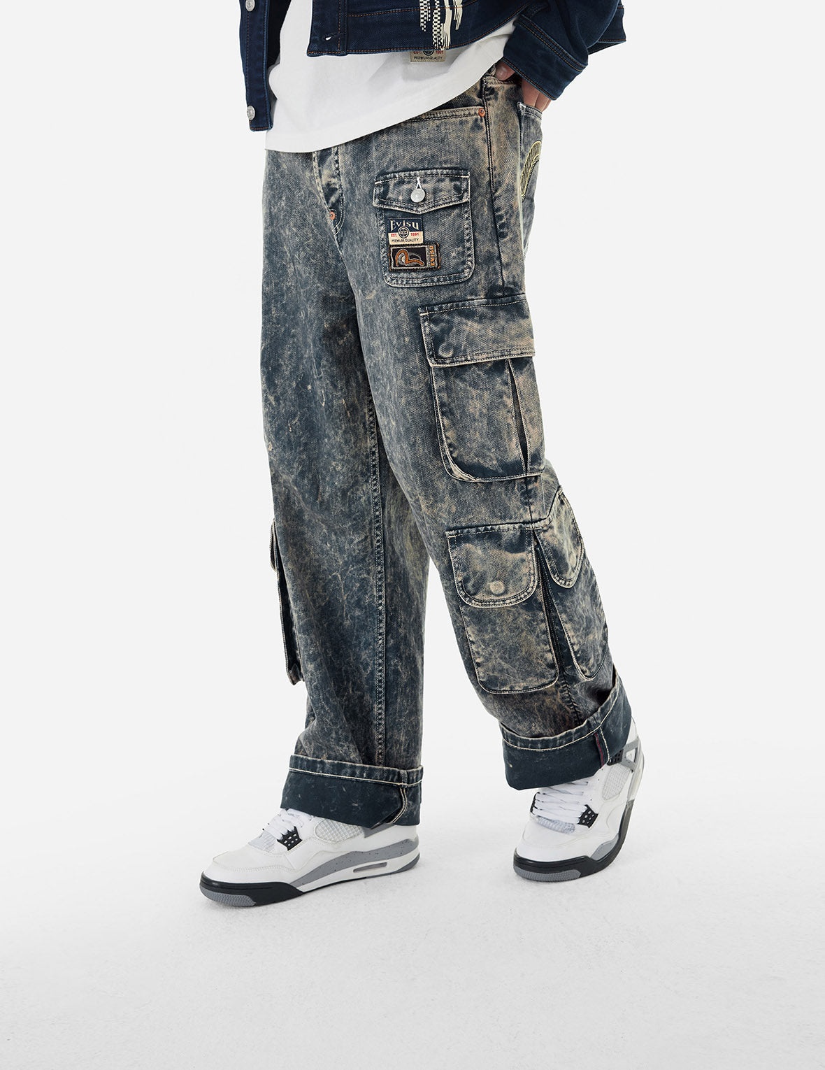 Seagull Print and Multi-Pockets Acid Wash Baggy Cargo Jeans - 5