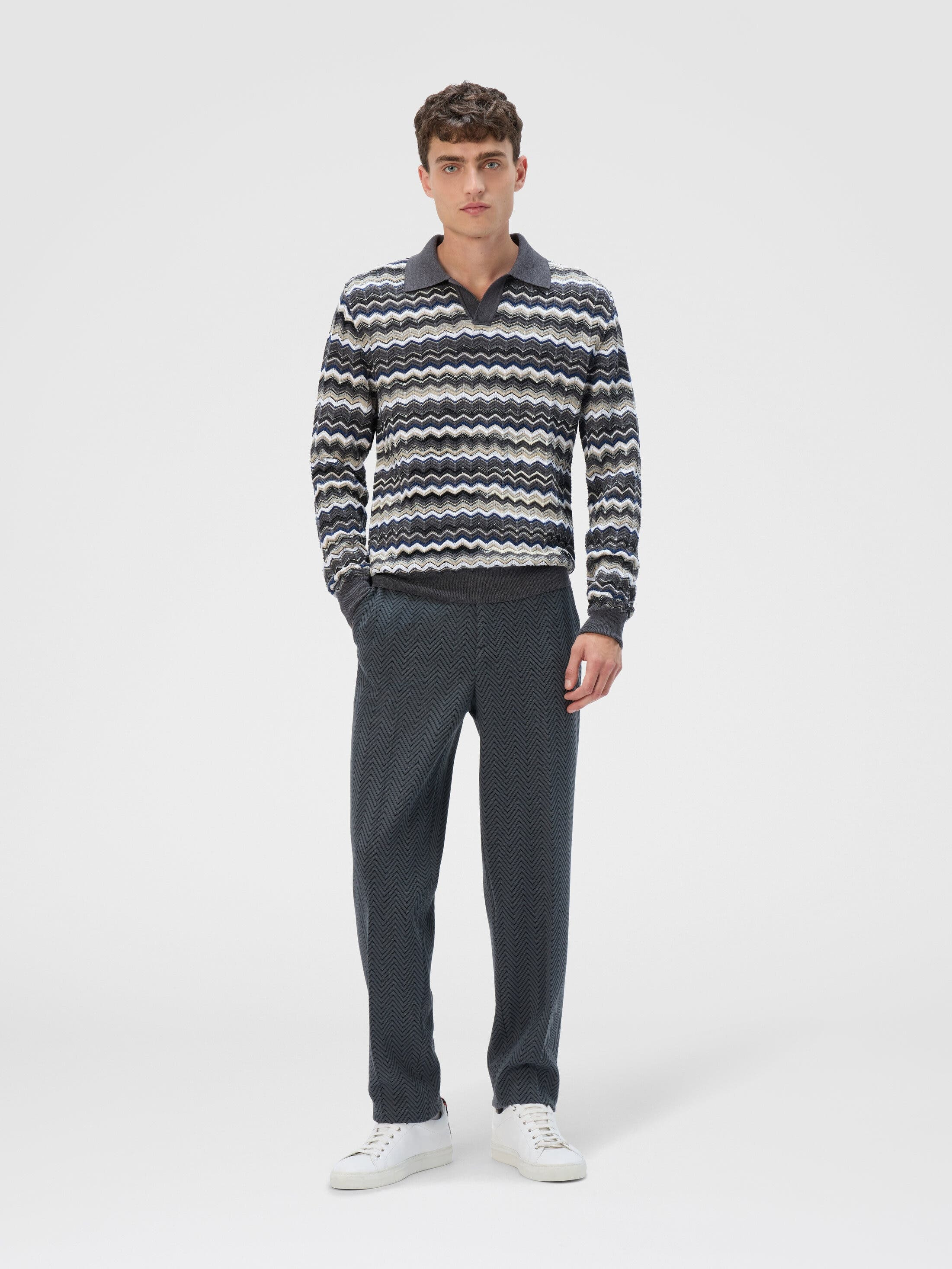 Missoni Long Sleeve Polo With V-neck And Zigzag Pattern in Grey & Beige at Nordstrom - 2