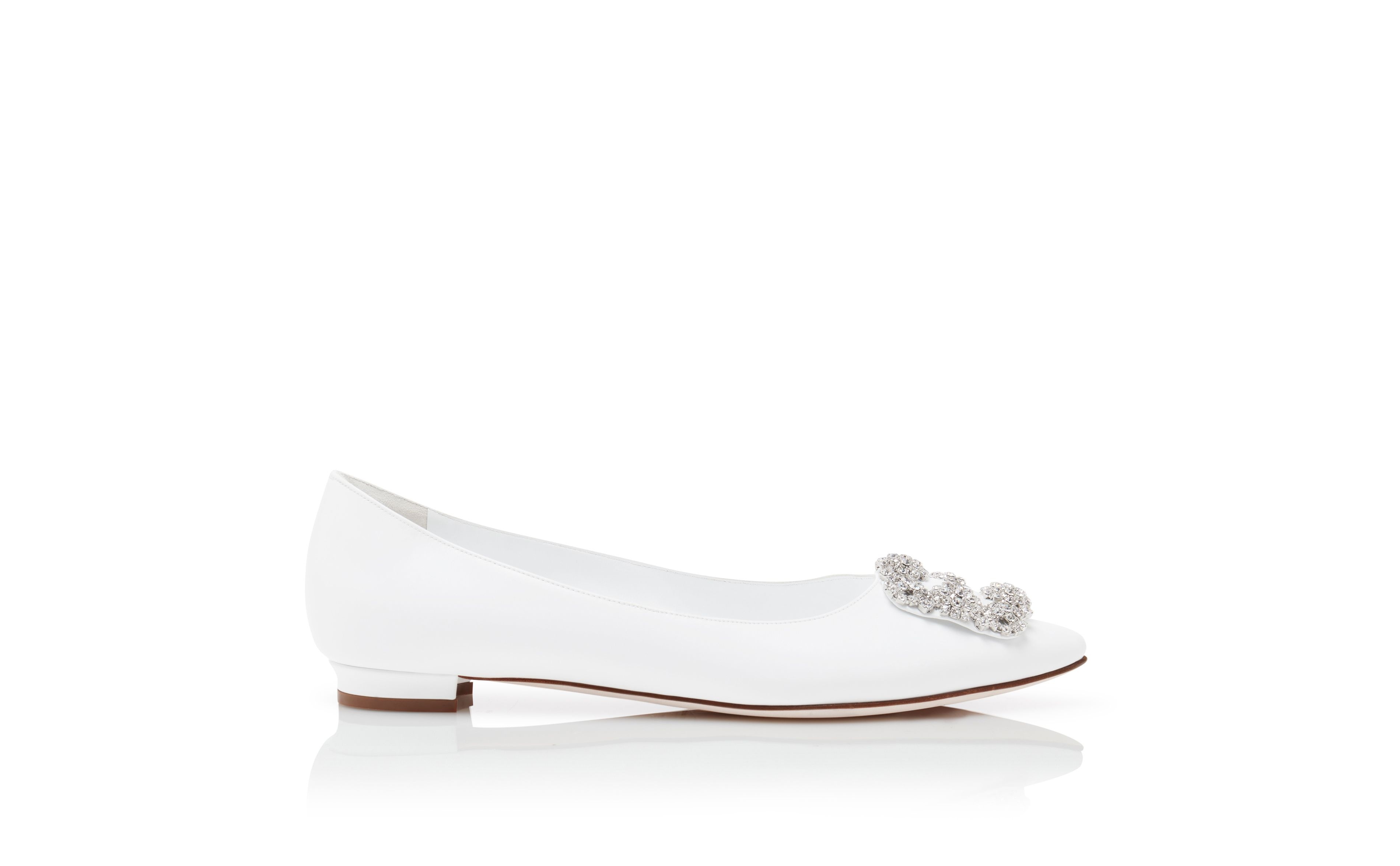 White Calf Leather Jewel Buckle Flat Shoes - 1