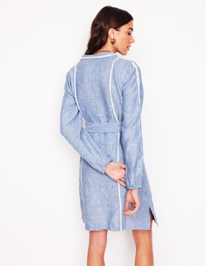Cleo Linen Tie Waist Dress-Chambray Embroidery 5