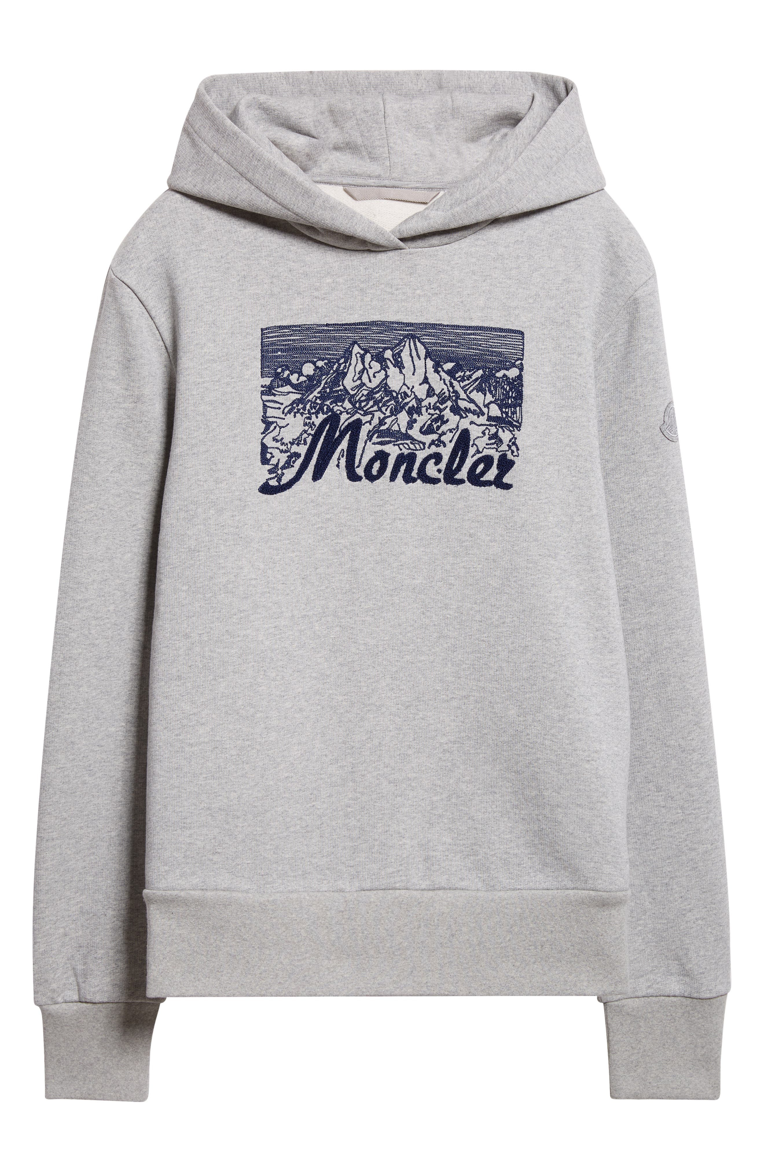 Moncler Embroidered Mountain Logo Cotton Hoodie in Extra Light Gray Melange at Nordstrom - 5