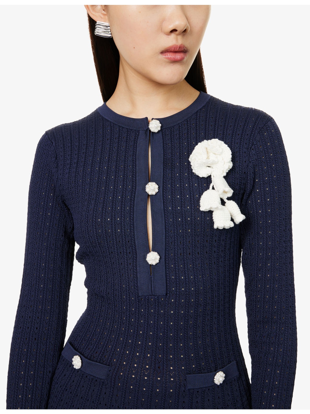 Pointelle Crochet-Embellishment Knitted Mini Dress - 5