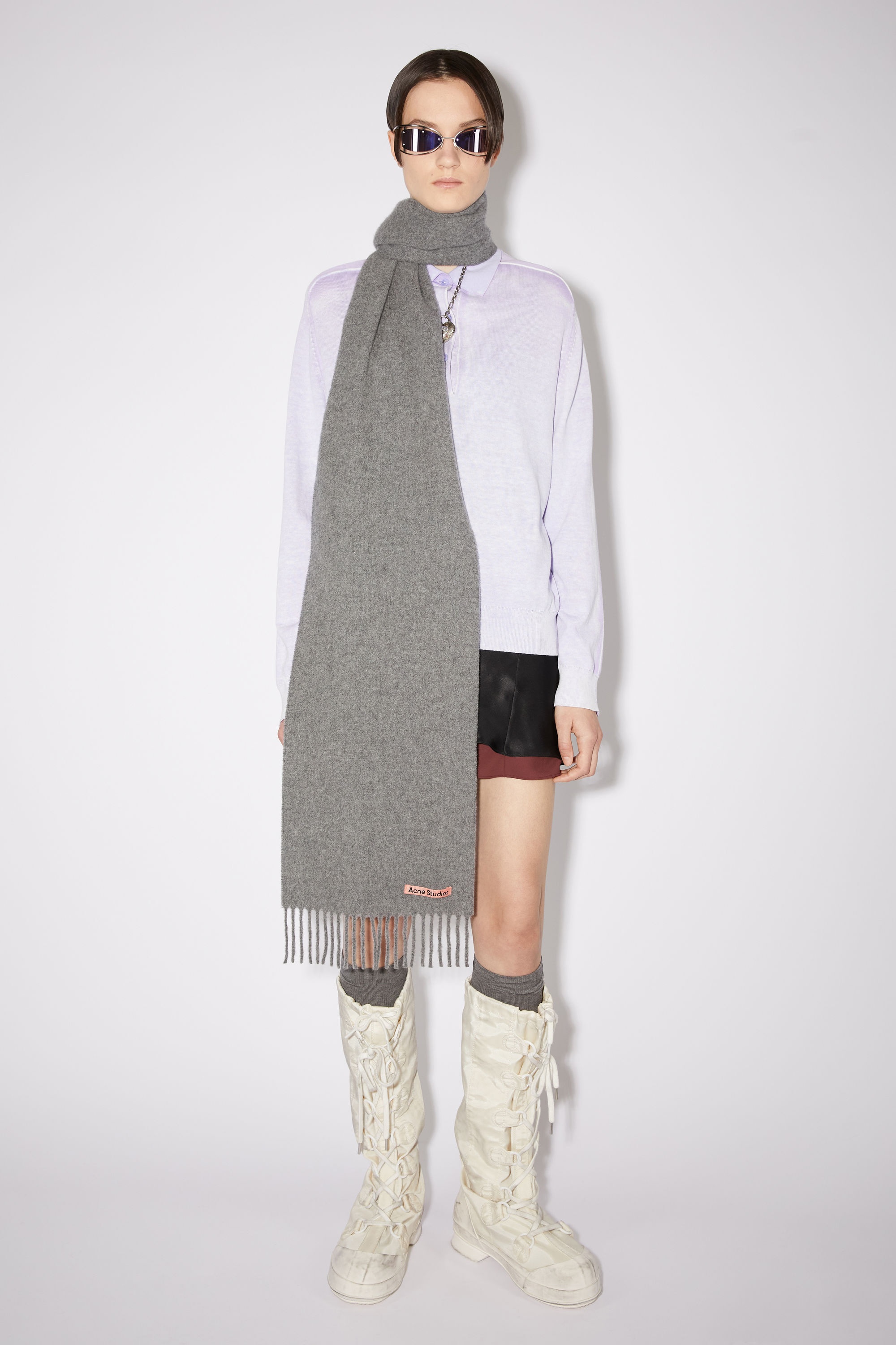 Skinny fringed wool scarf - Grey Melange - 2