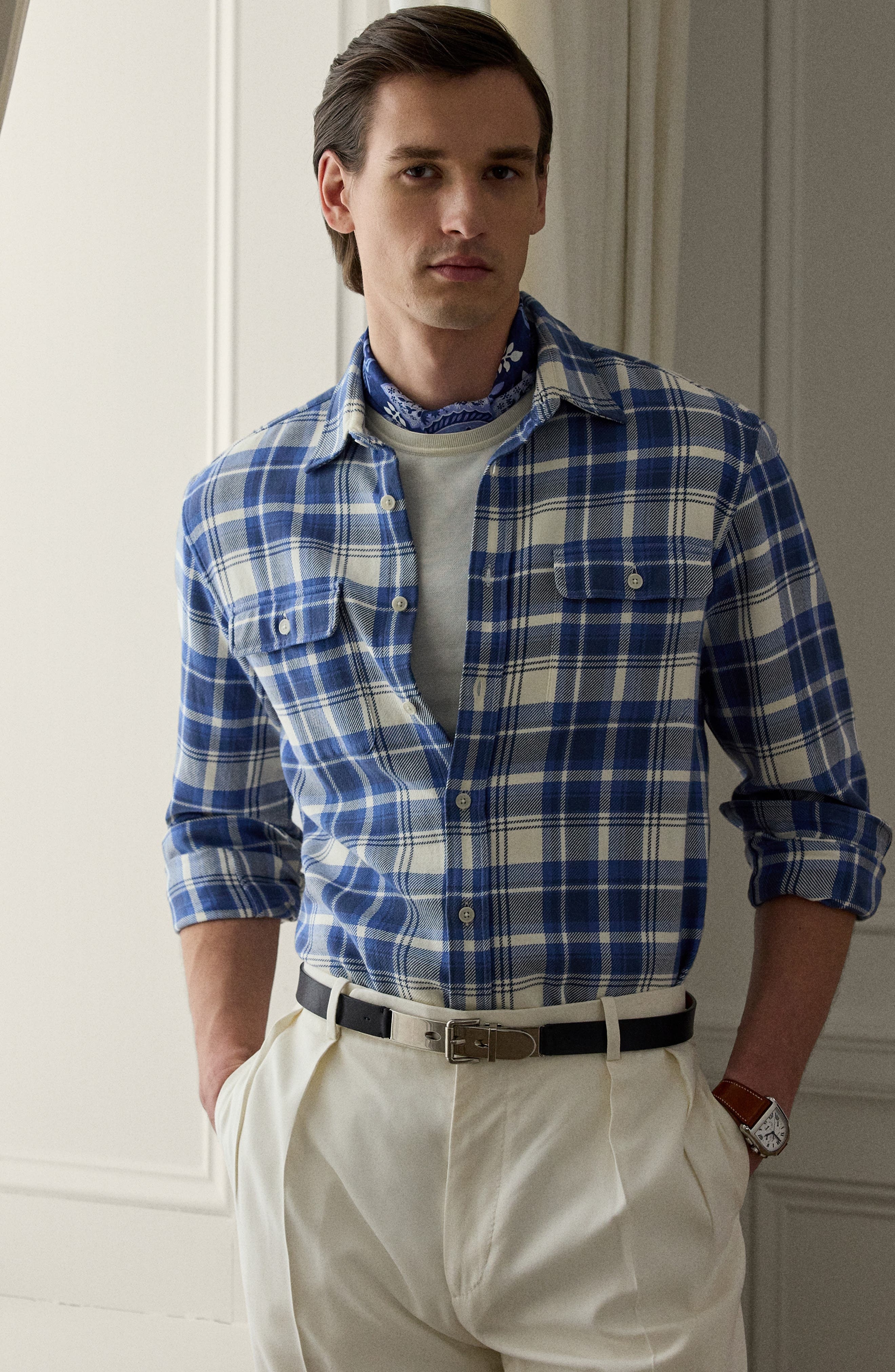 Ralph Lauren Purple Label Plaid Cotton Twill Button-Up Shirt in Blue /Cream at Nordstrom - 8