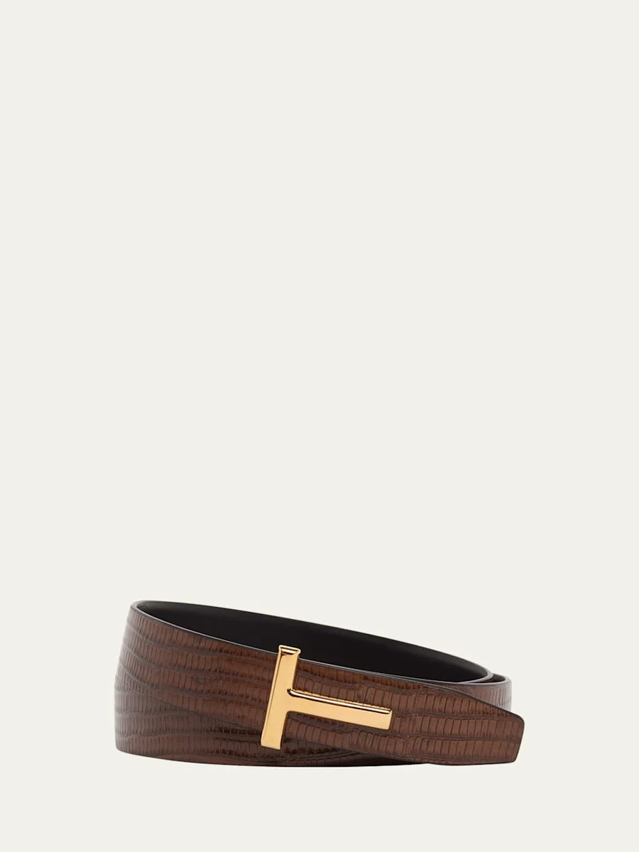 Men's Croc-Effect Leather T-Buckle Belt - 1