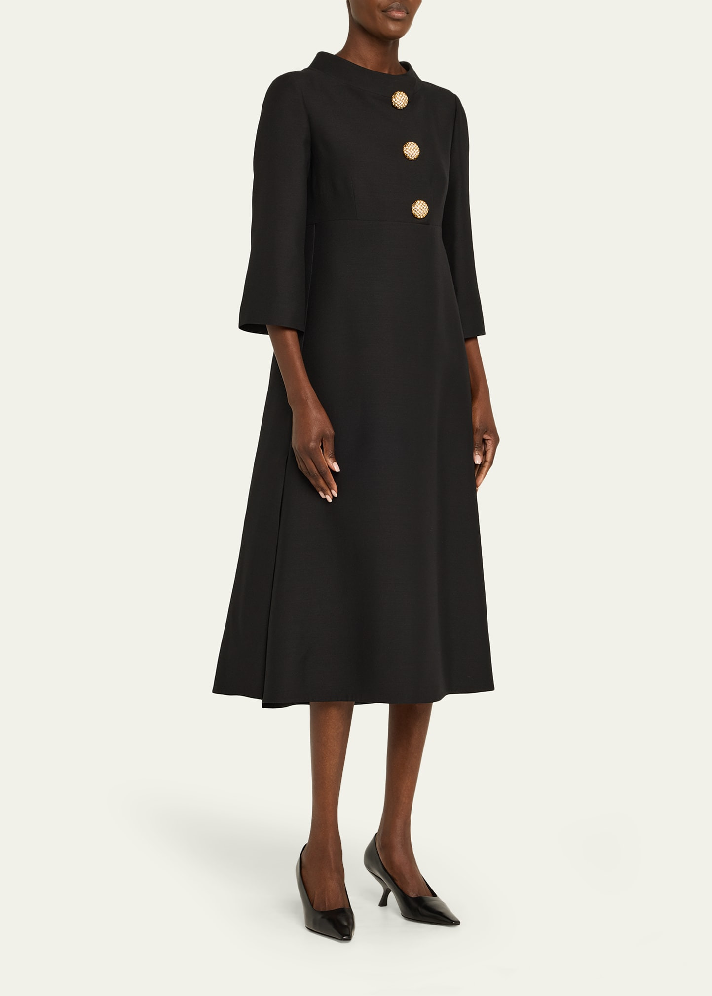 Strass Button High-Neck Crepe Midi Dress - 4