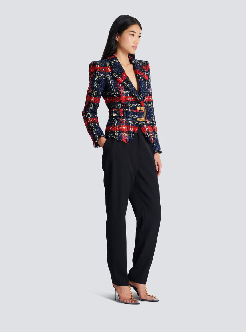 Belted plaid tweed jacket 3