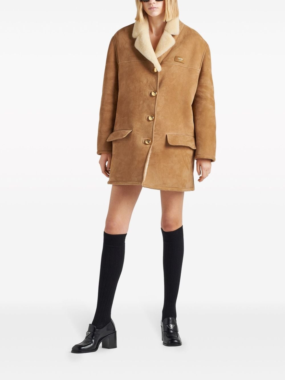 shearling-trim suede coat - 2