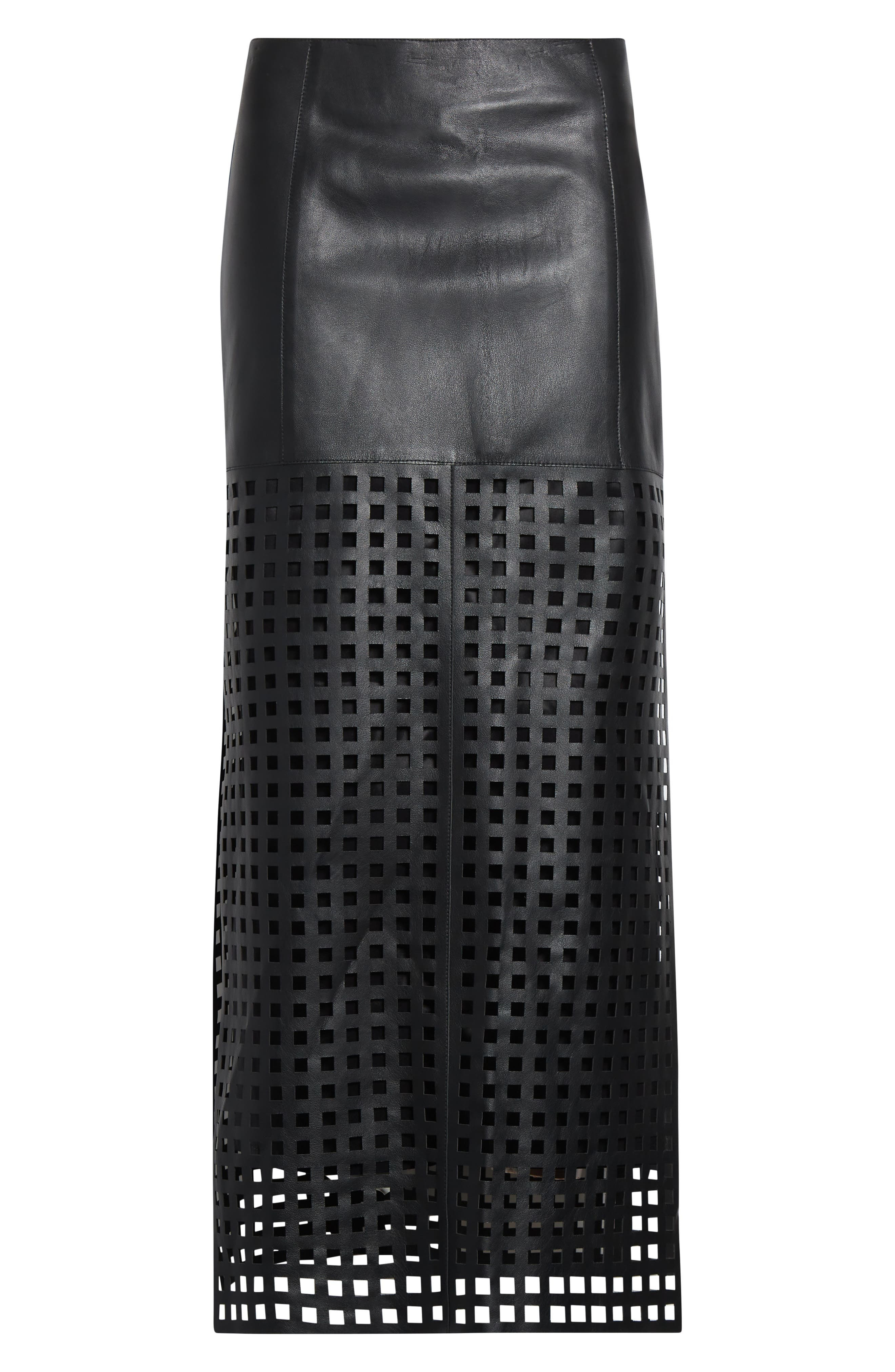 Emporio Armani Laser Cut Nappa Leather Midi Skirt in Solid Black at Nordstrom - 6