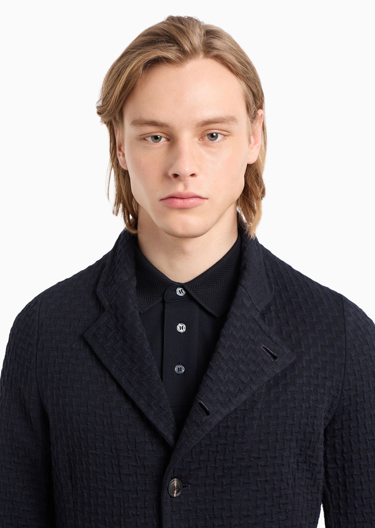 Guru-collar jacket with off-center fastening in grisaille-weave jersey - 5