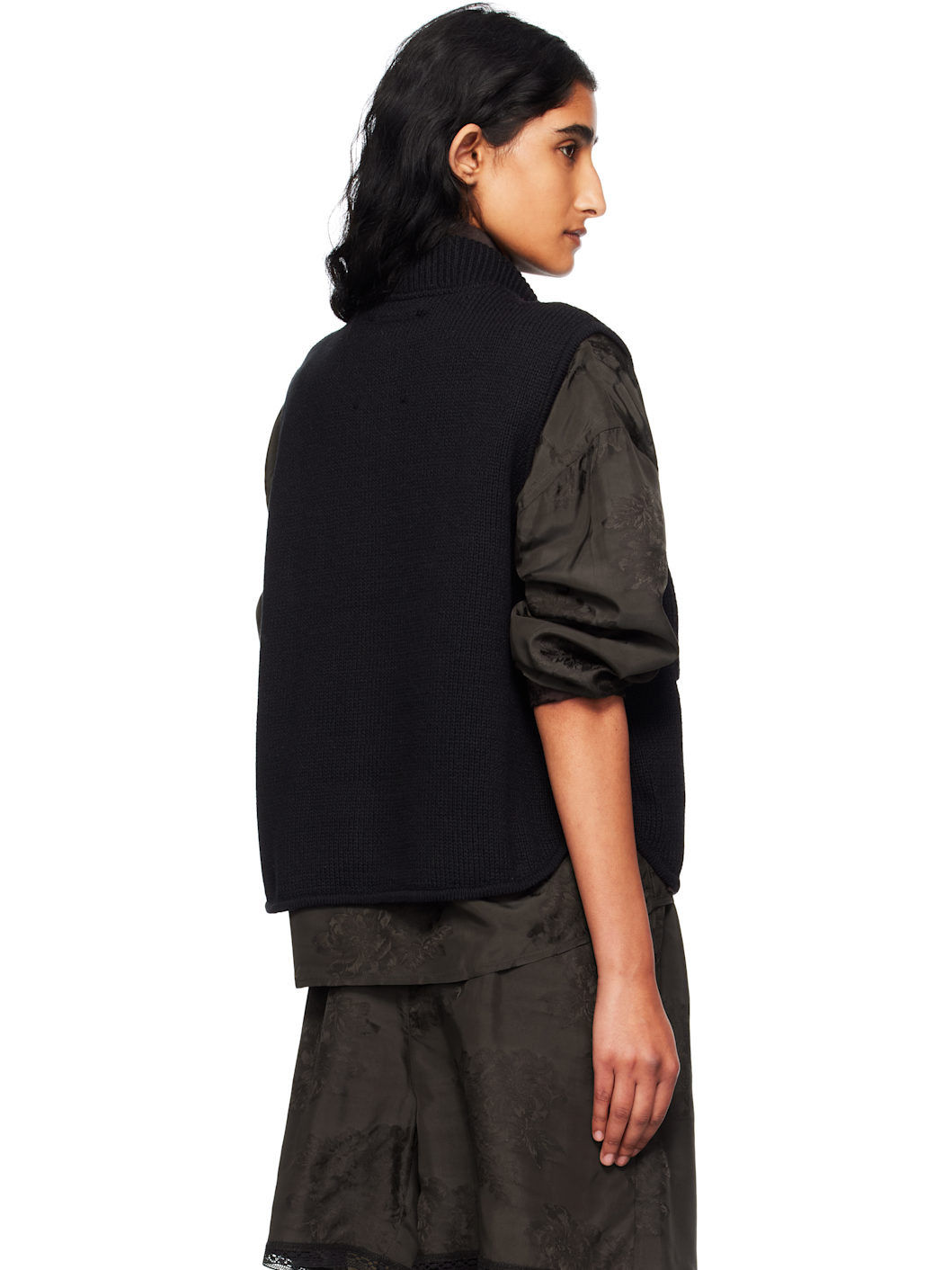 Black Boxy Cotton Waistcoat Cardigan - 3