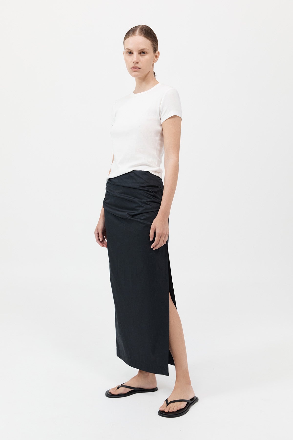 Cotton Tuck Midi Skirt - Black - 4