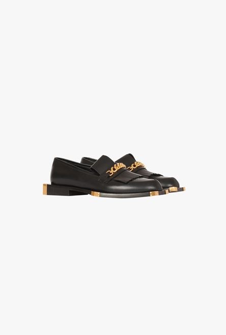 Black leather loafers with gold-tone chain - 2