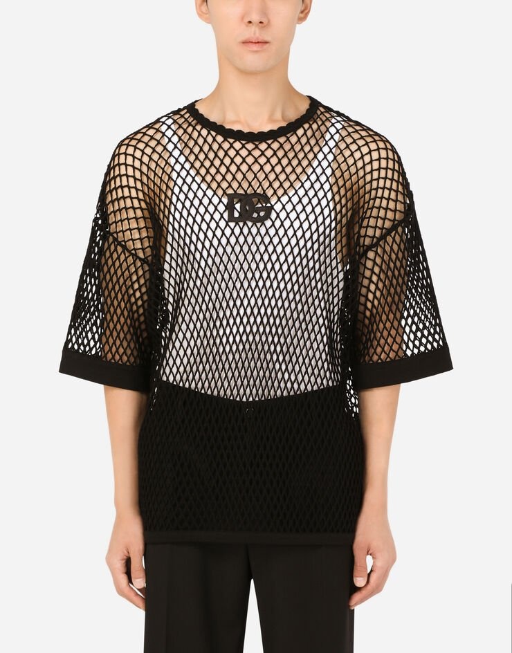 Round-neck wool mesh-stitch top with DG patch - 1