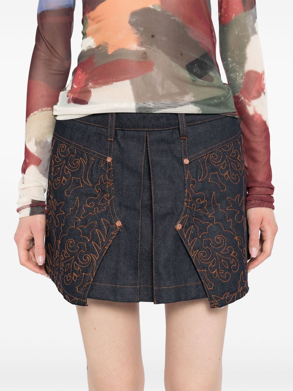 embroidered panelled pleated denim skirt - 5
