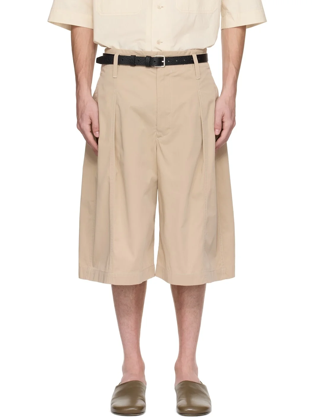 Beige Maxi Pleated Bermuda Shorts - 1