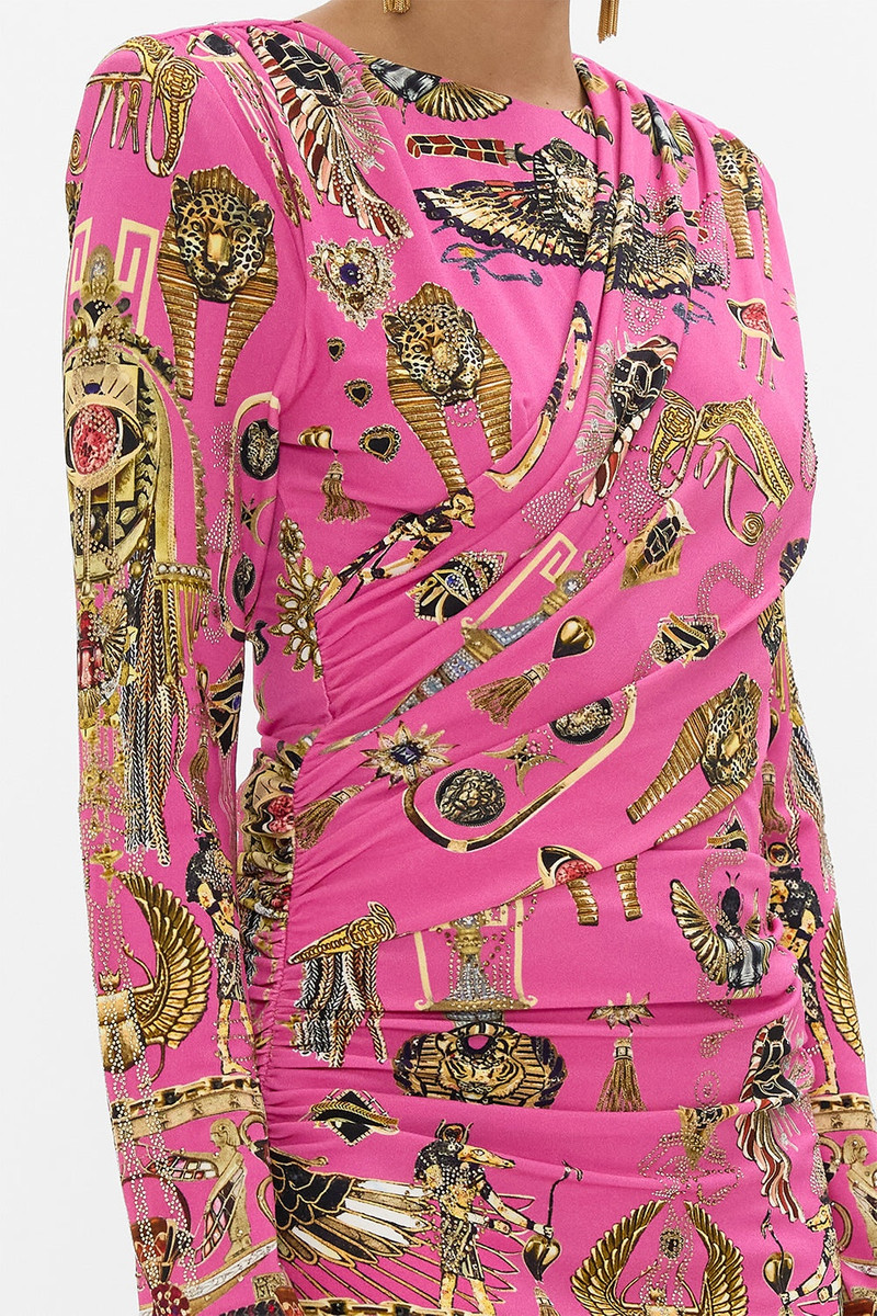 CAMILLA ASYMMETRICAL DRAPED LONG SLEEVE SHORT DRESS | REVERSIBLE