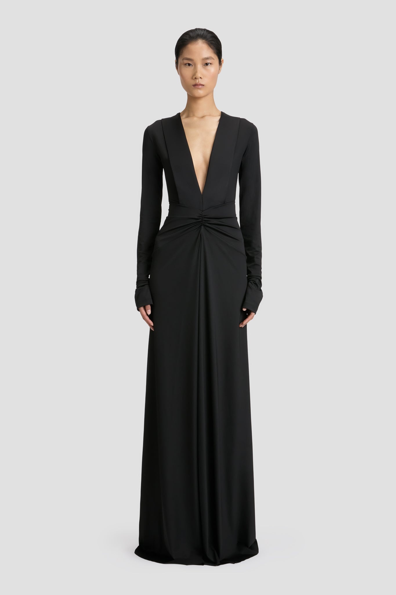 Long Sleeve Deep V-Neck Gown In Black - 2