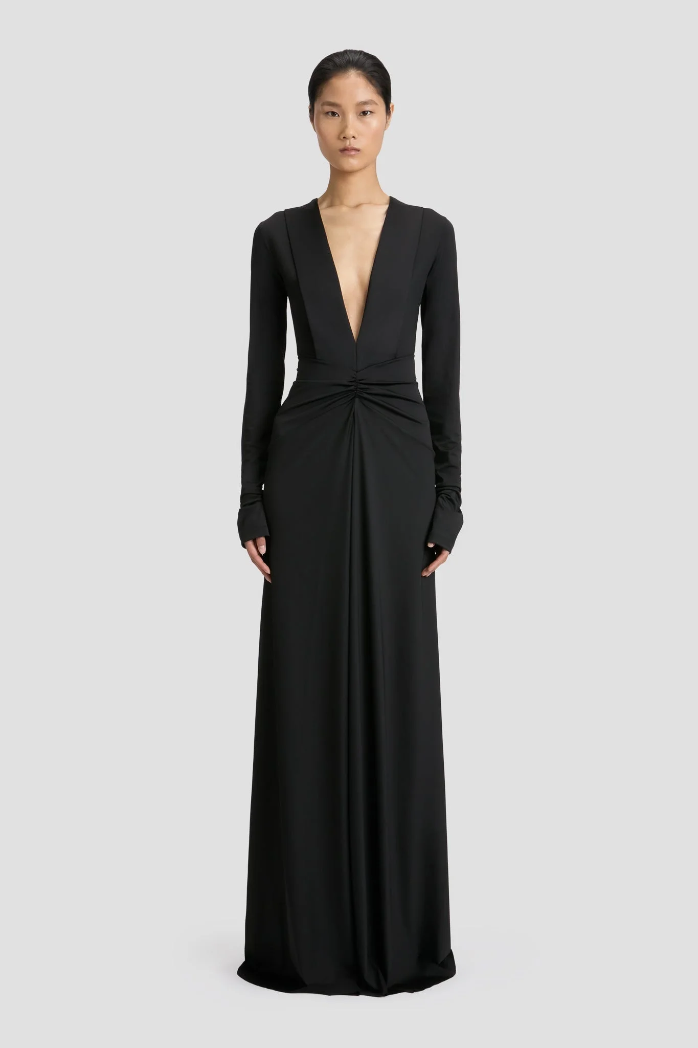 Victoria Beckham Long Sleeve Deep V-Neck Gown In Black - 1325JDR006472A- BLACK-4 | REVERSIBLE