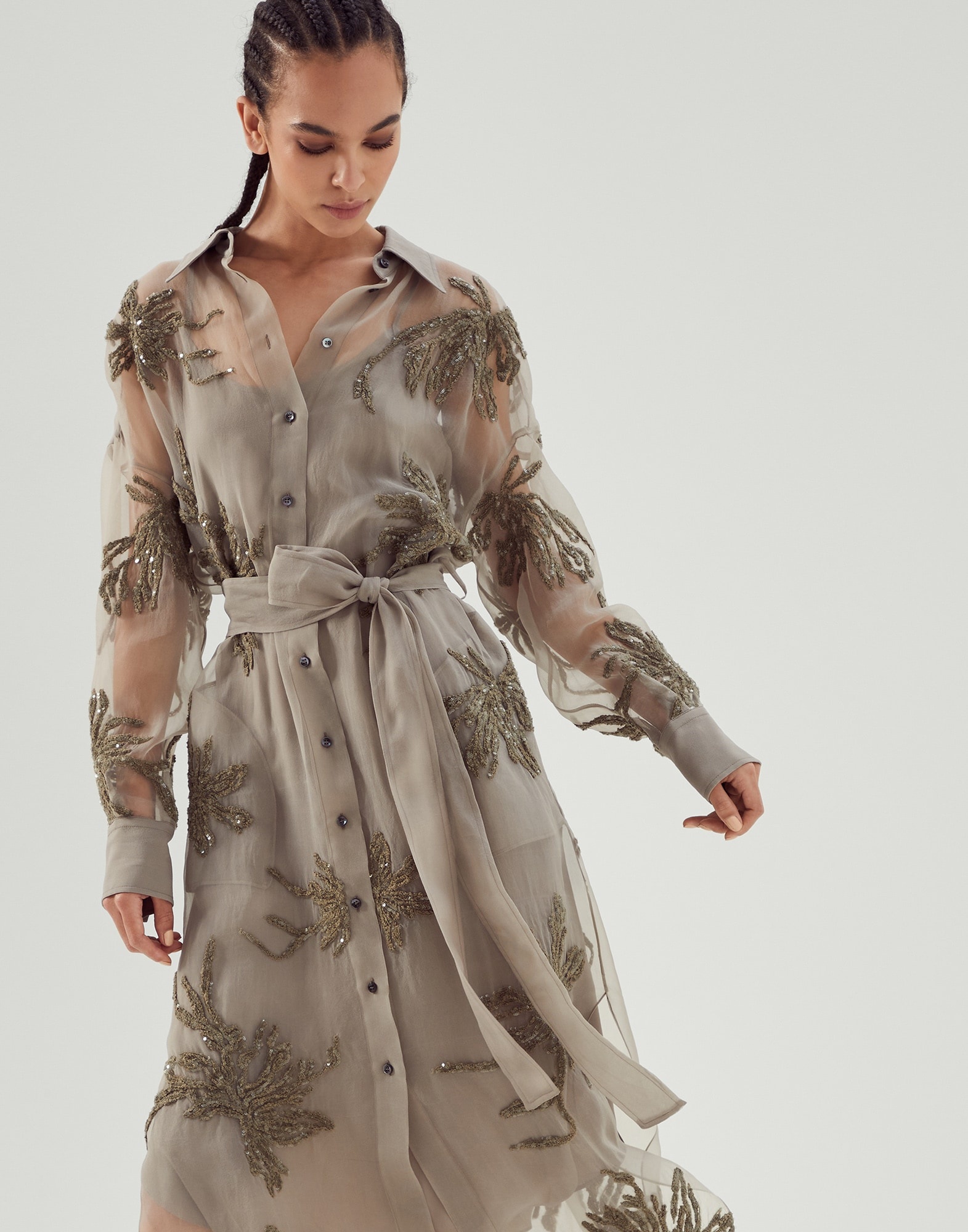 Crispy silk shirt dress with marine flower embroidery - 4
