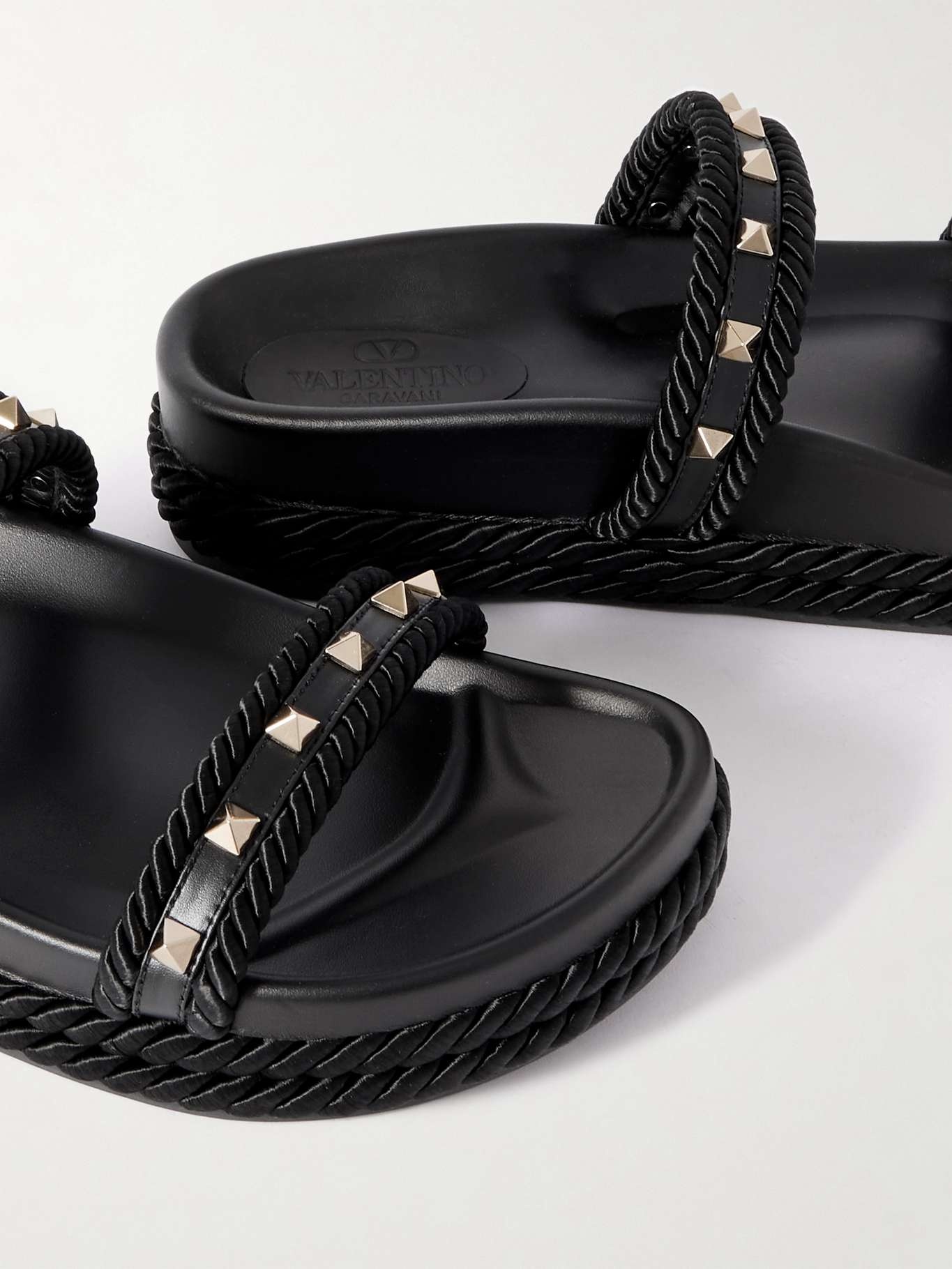 Rockstud rope-trimmed studded leather slides Black - 4
