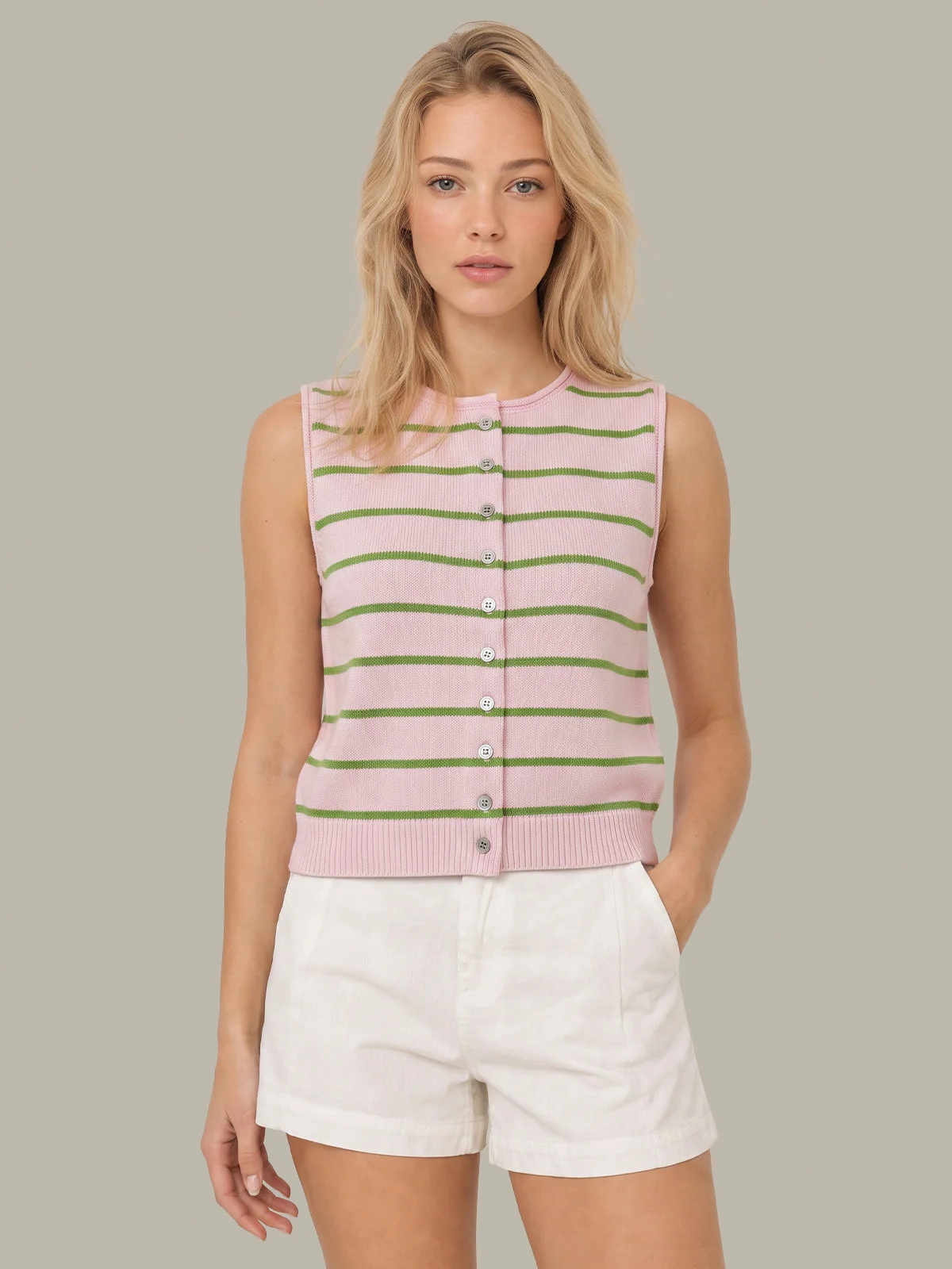 Cotton Stripe Button Front Vest - 1