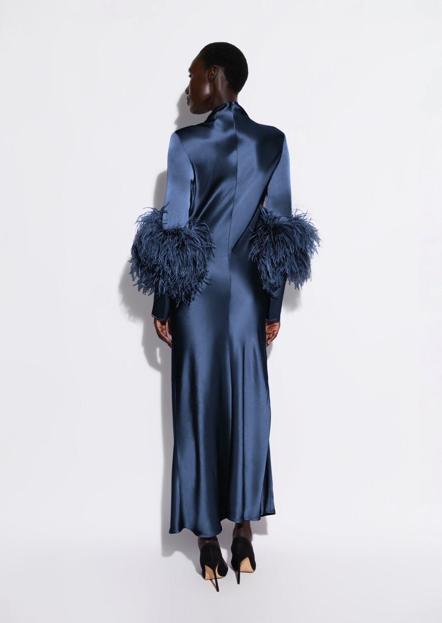 Satin Bias Feather Dress With Slit - 3