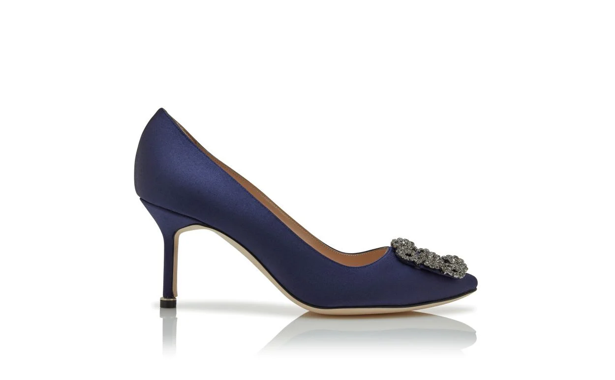 Navy Blue Satin Jewel Buckle Pumps - 1