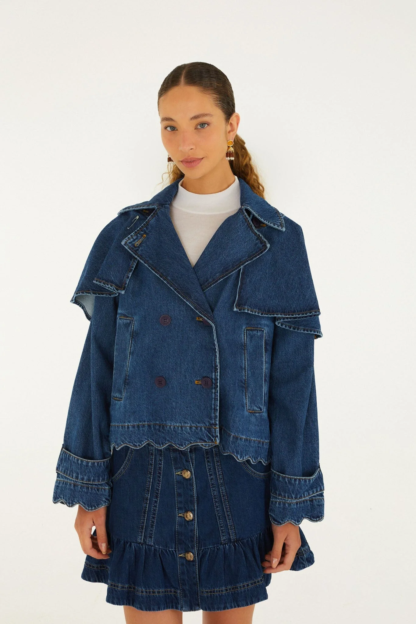 Denim Buttoned Cropped Trench Coat - 1